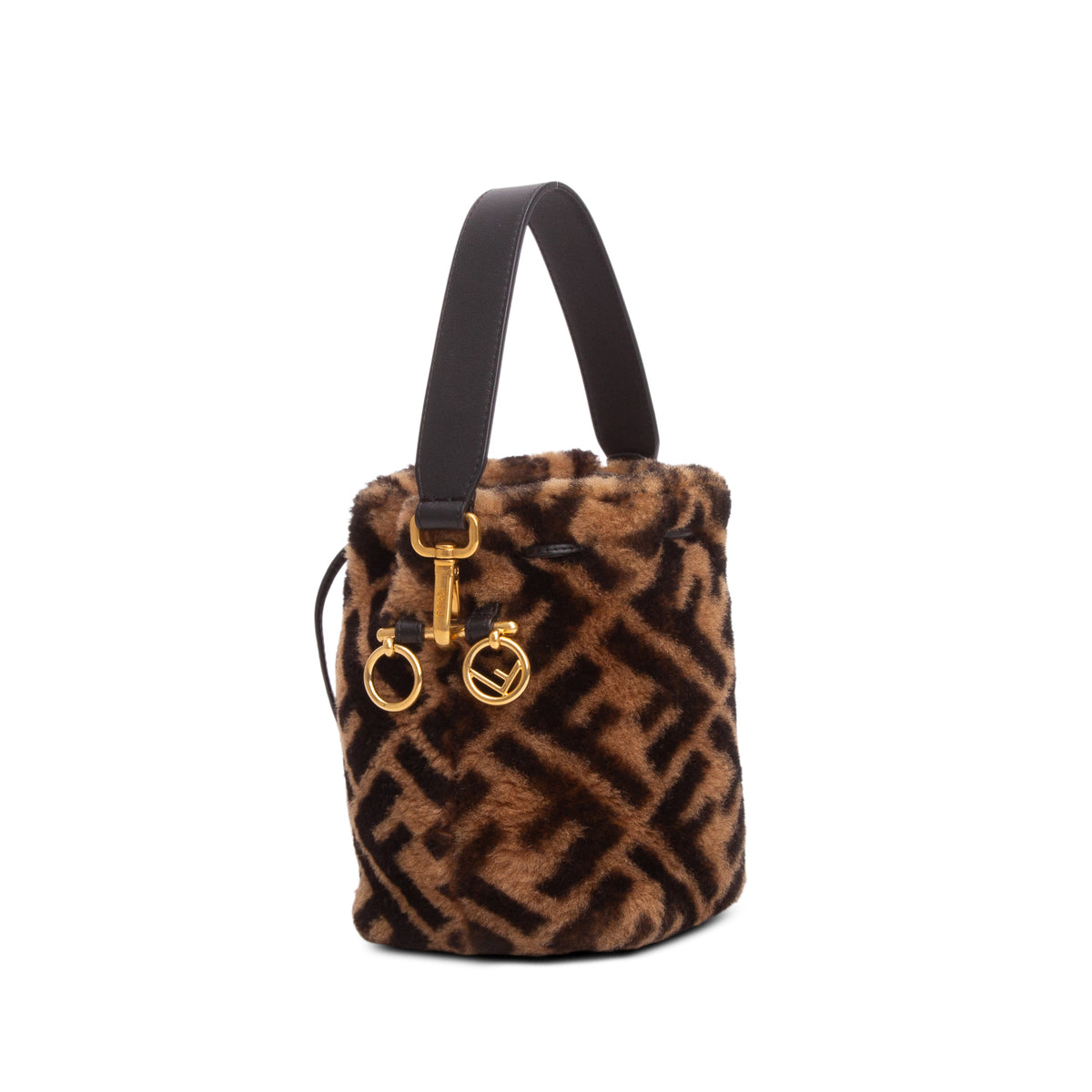 Fendi Brown Shearling Vitello Dolce F is Fendi Macro FF 1974 Mini Mon Tresor Bucket Bag