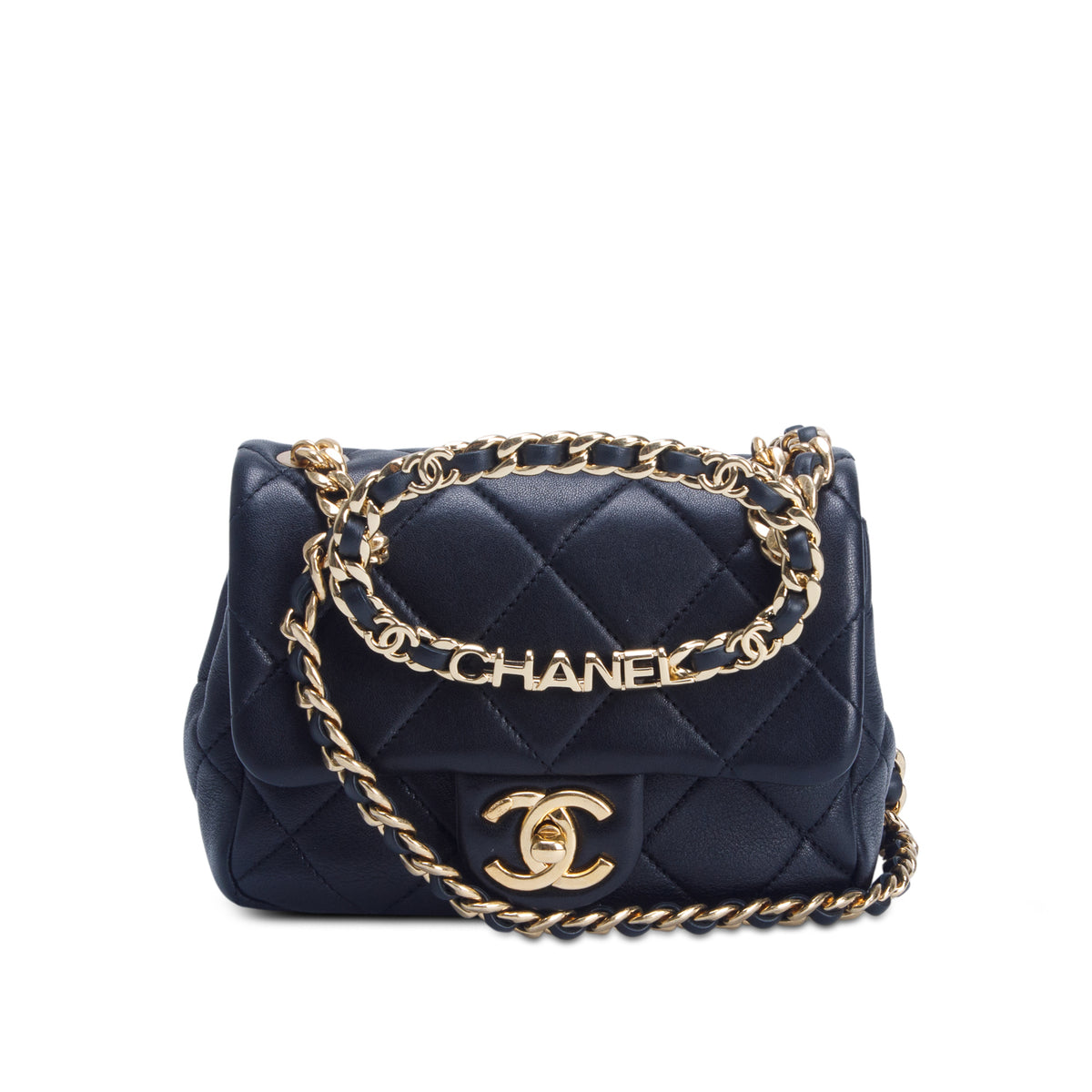 Chanel Black Lambskin Quilted Metal Mini Oval Top Handle Square Flap