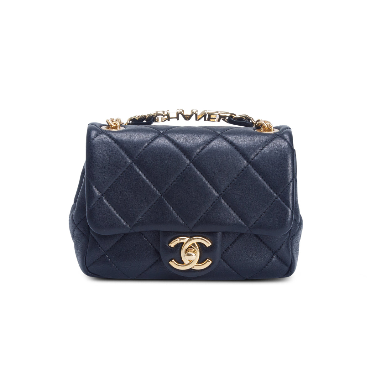 Chanel Black Lambskin Quilted Metal Mini Oval Top Handle Square Flap