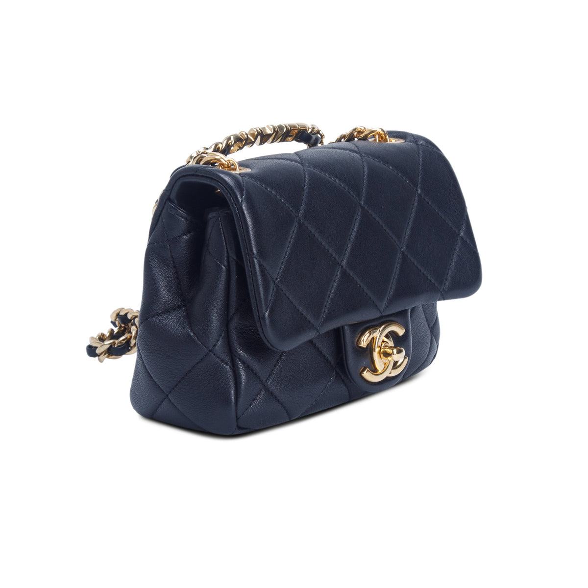 Chanel Black Lambskin Quilted Metal Mini Oval Top Handle Square Flap