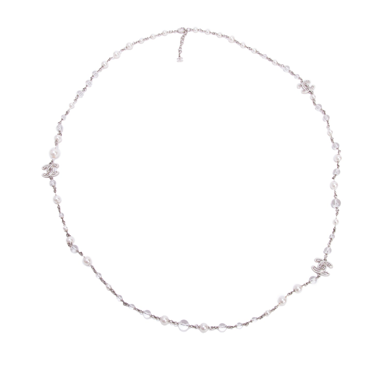 Chanel 2025 Palladium-Plated Faux Pearl & Resin Bead CC Long Station Necklace w/ Box