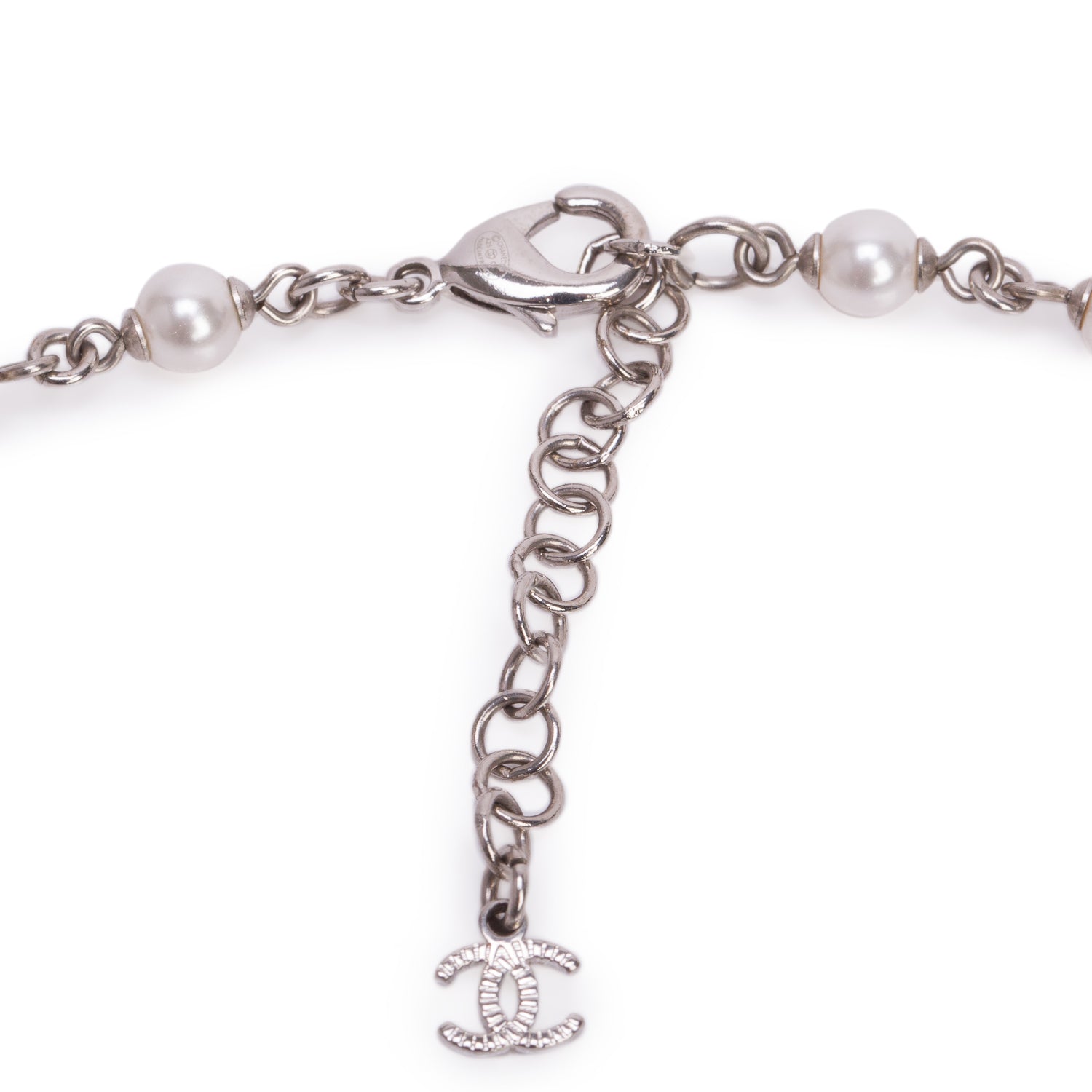 Chanel 2025 Palladium-Plated Faux Pearl & Resin Bead CC Long Station Necklace w/ Box