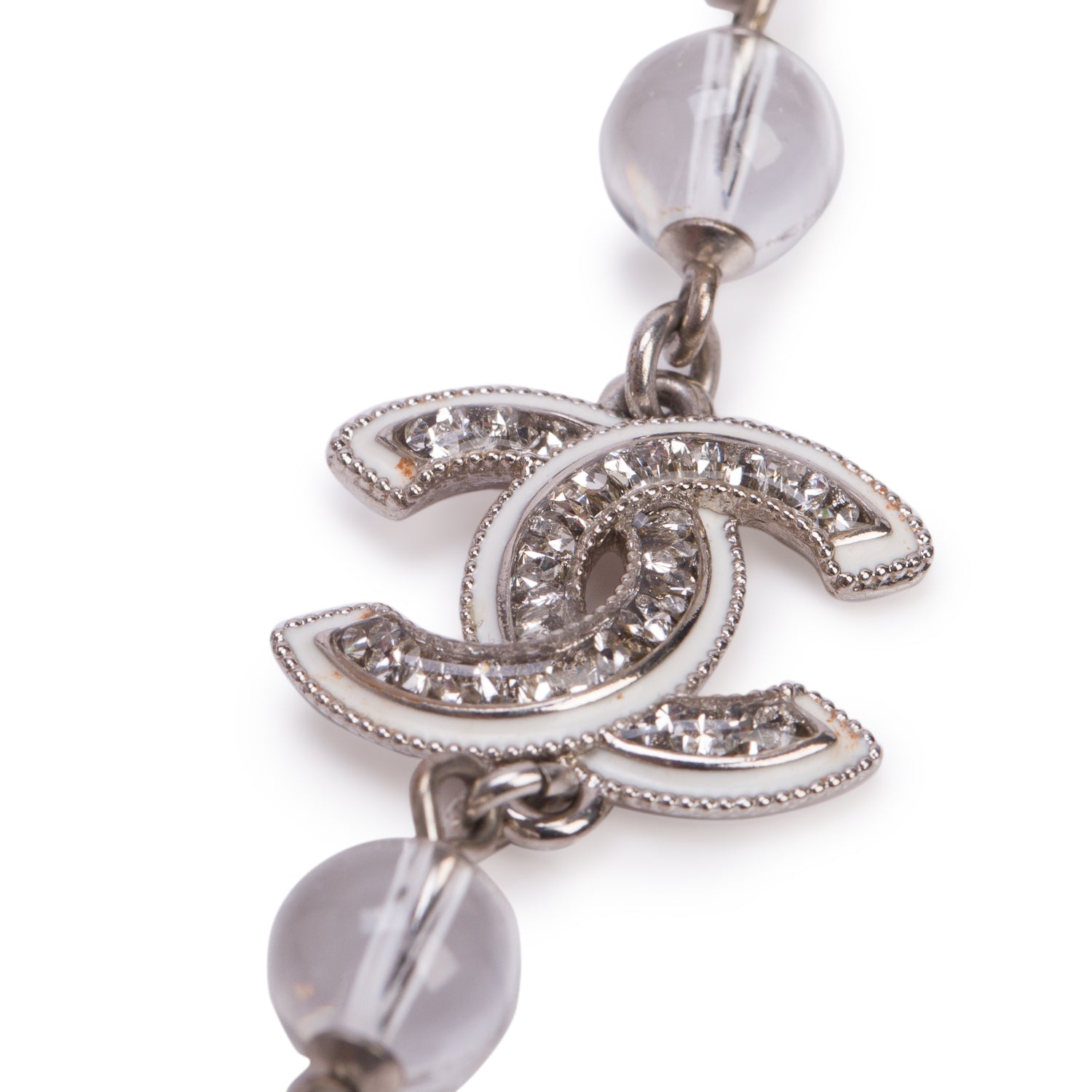 Chanel 2025 Palladium-Plated Faux Pearl & Resin Bead CC Long Station Necklace w/ Box
