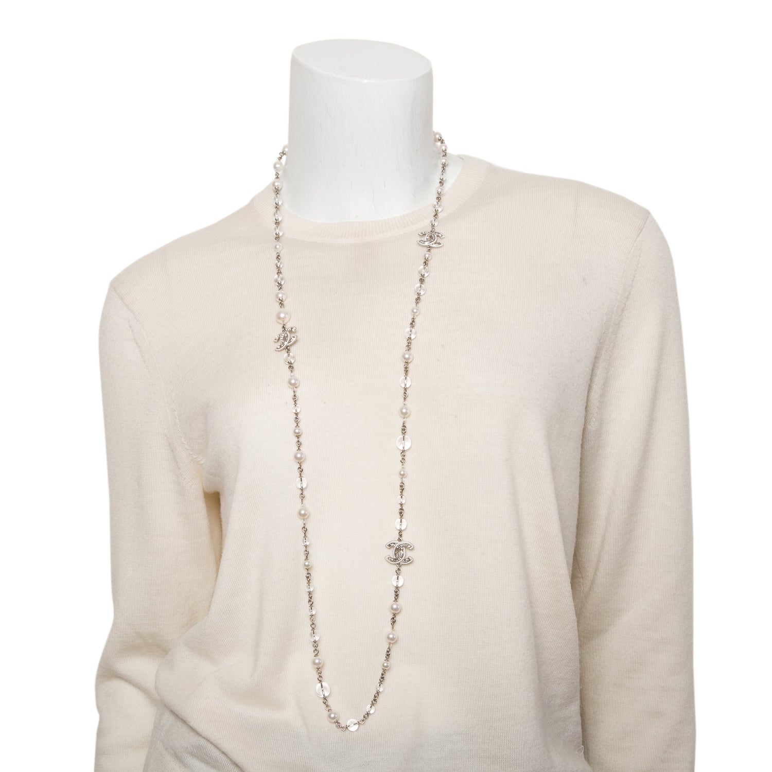 Chanel 2025 Palladium-Plated Faux Pearl & Resin Bead CC Long Station Necklace w/ Box