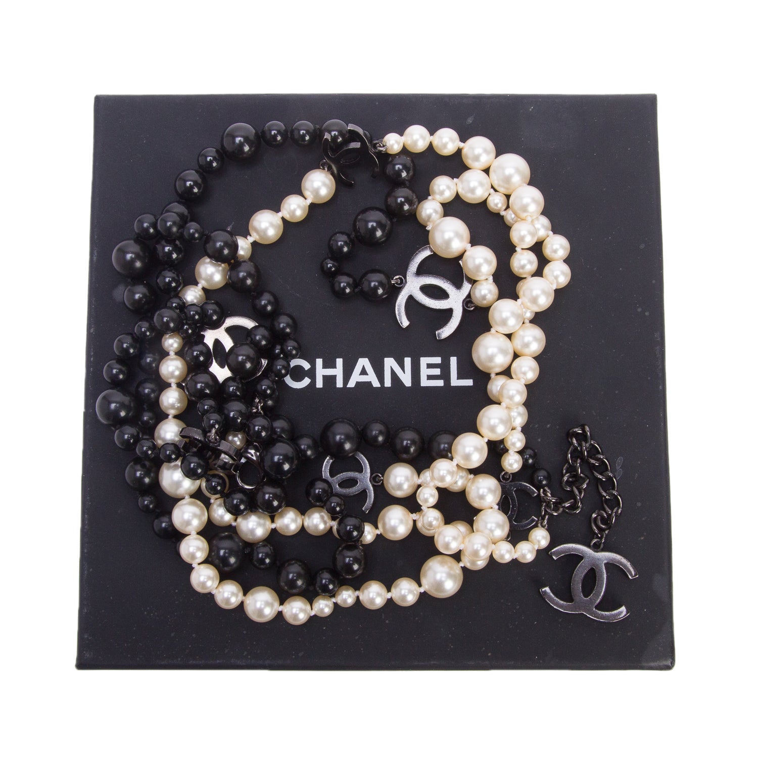 Chanel Ruthenium-Plated Faux Pearl & Resin Bead CC Station Double Strand Necklace/Belt w/ Box
