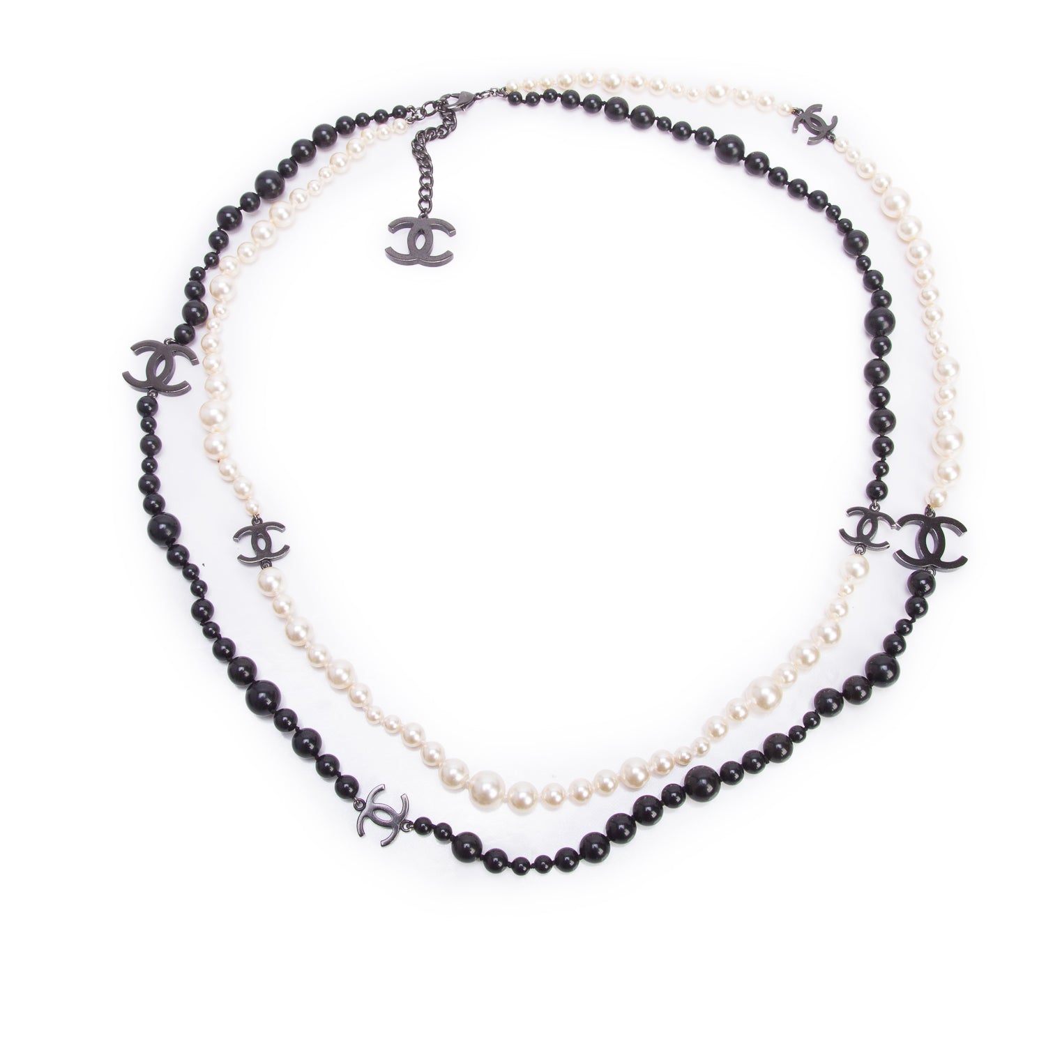 Chanel Ruthenium-Plated Faux Pearl & Resin Bead CC Station Double Strand Necklace/Belt w/ Box