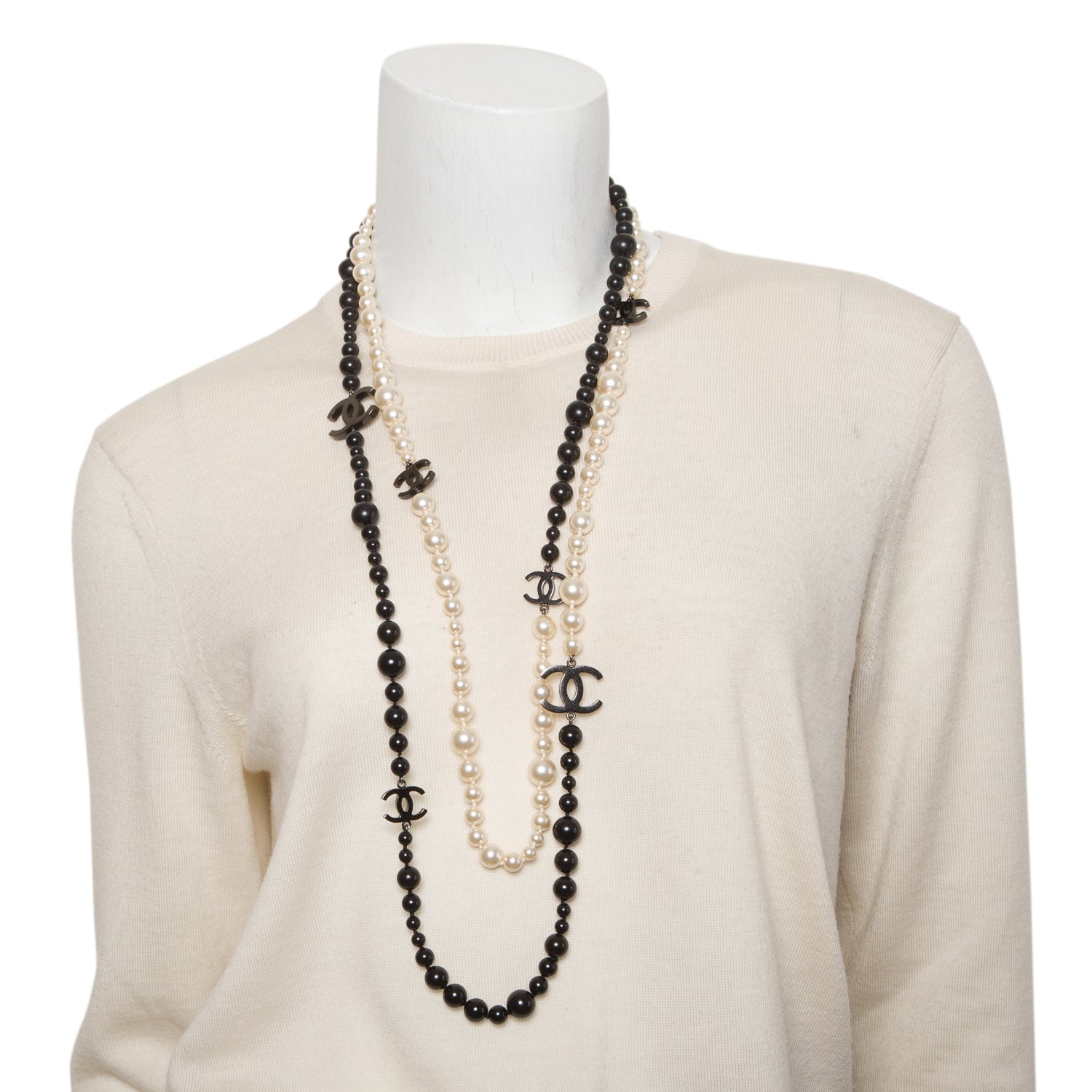Chanel Ruthenium-Plated Faux Pearl & Resin Bead CC Station Double Strand Necklace/Belt w/ Box