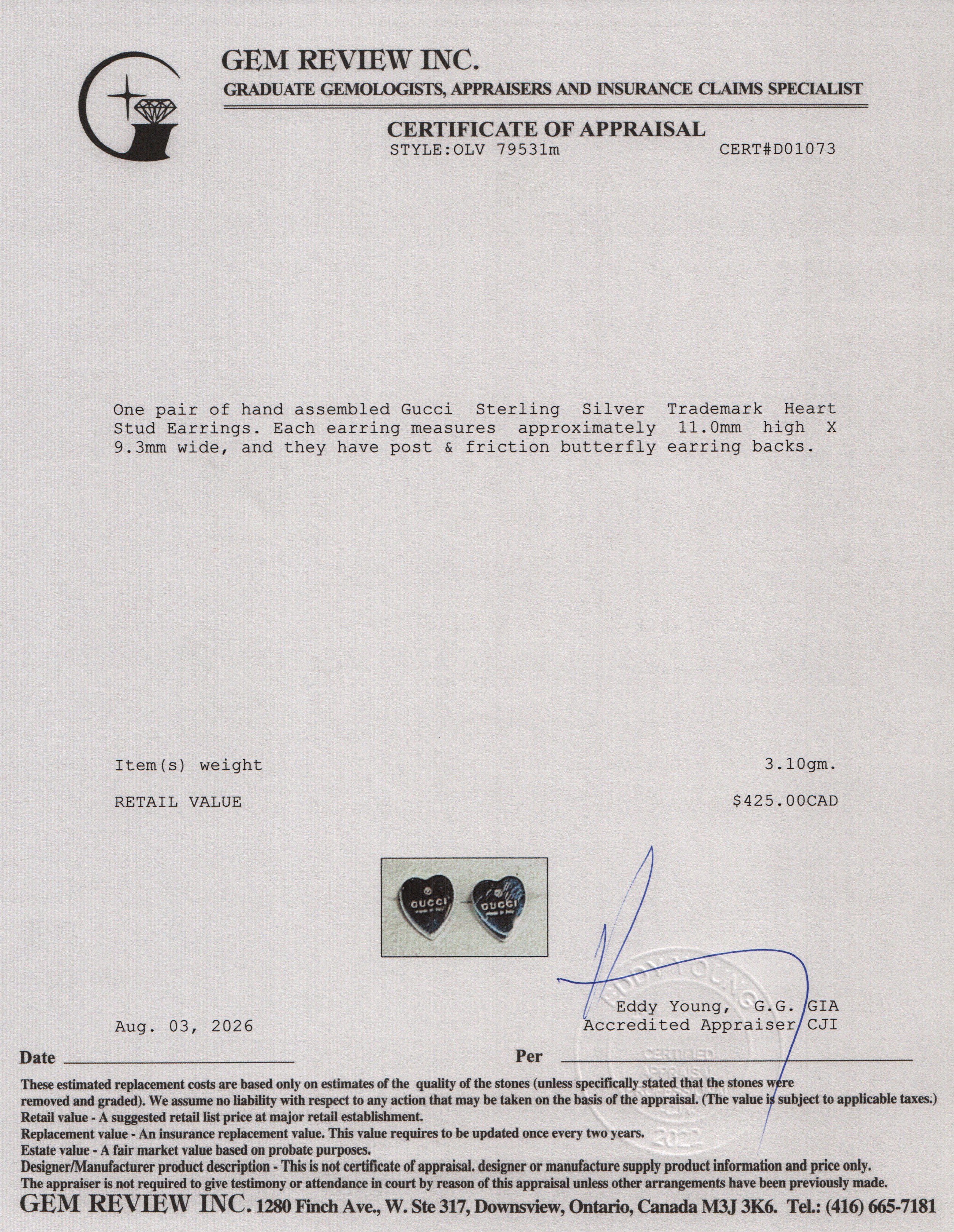 Gucci Sterling Silver Trademark Heart Stud Earrings