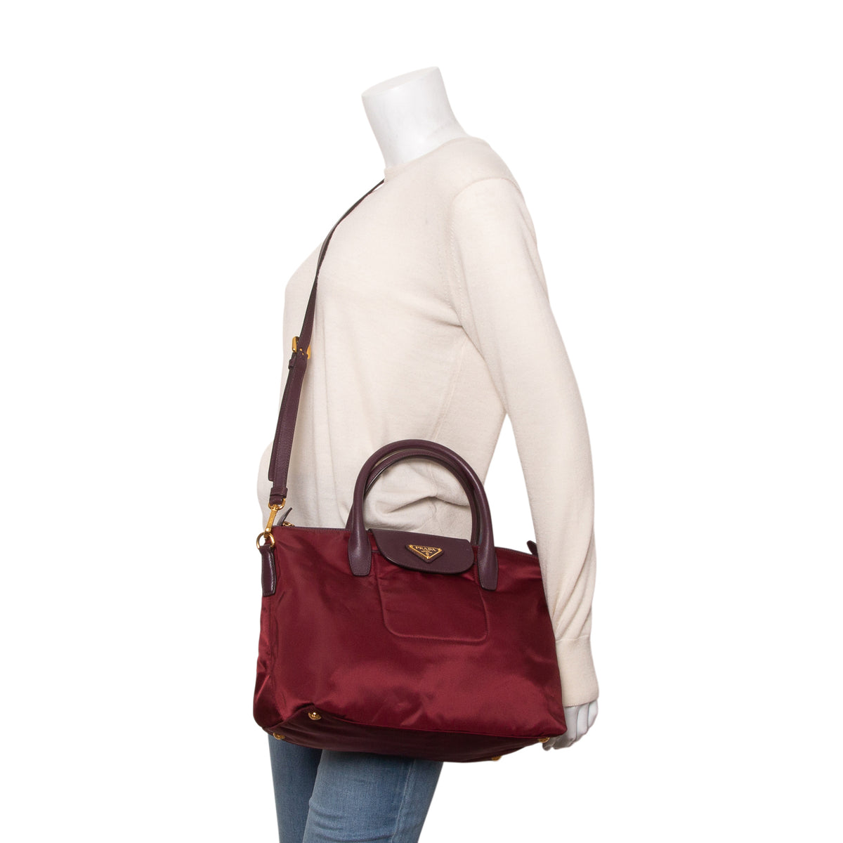 Prada Burgundy Nylon Tessuto Saffiano Leather Shopping Tote w/ Strap