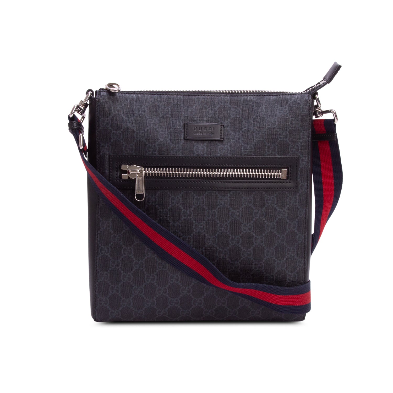 Gucci Black GG Supreme Monogram Web Flat Medium Messenger Bag