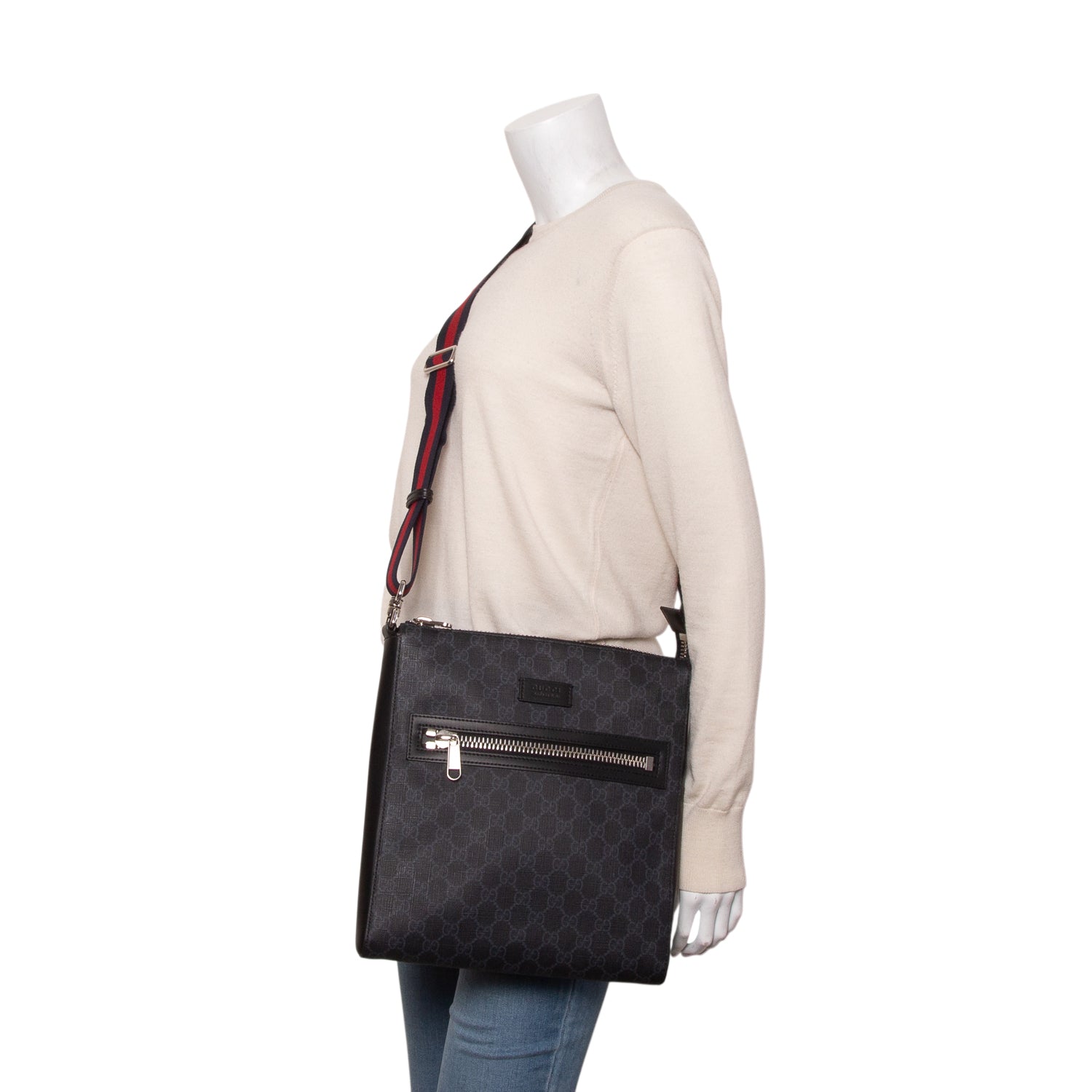 Gucci Black GG Supreme Monogram Web Flat Medium Messenger Bag
