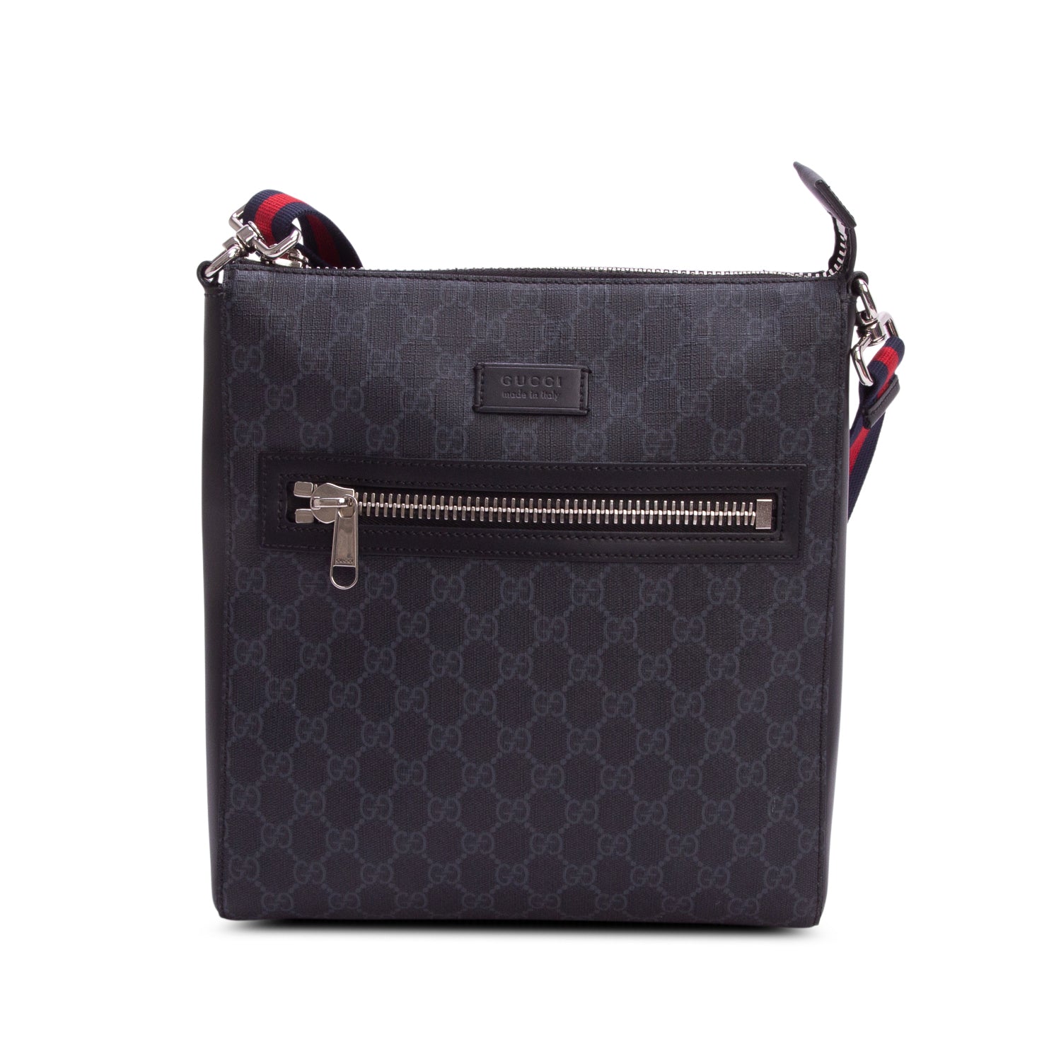 Gucci Black GG Supreme Monogram Web Flat Medium Messenger Bag