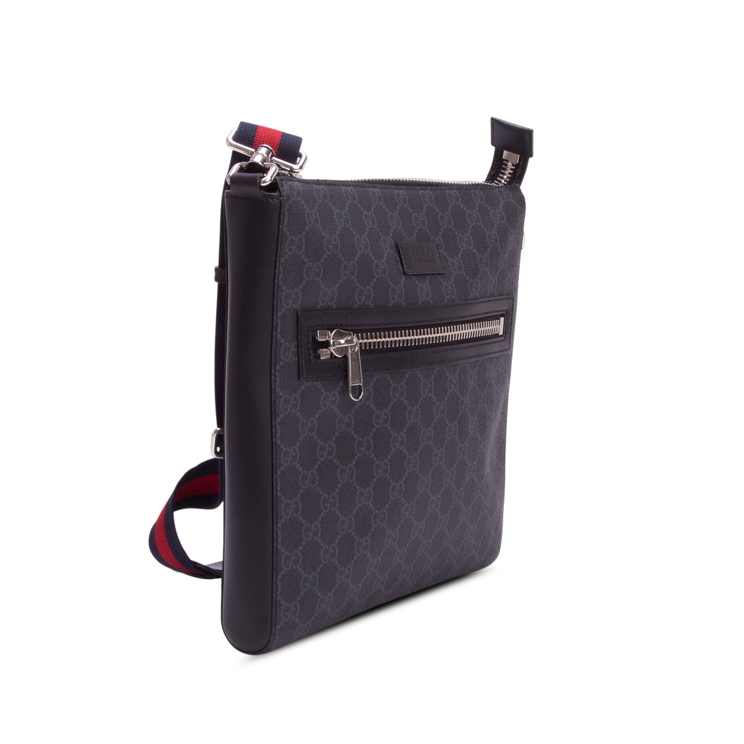Gucci Black GG Supreme Monogram Web Flat Medium Messenger Bag