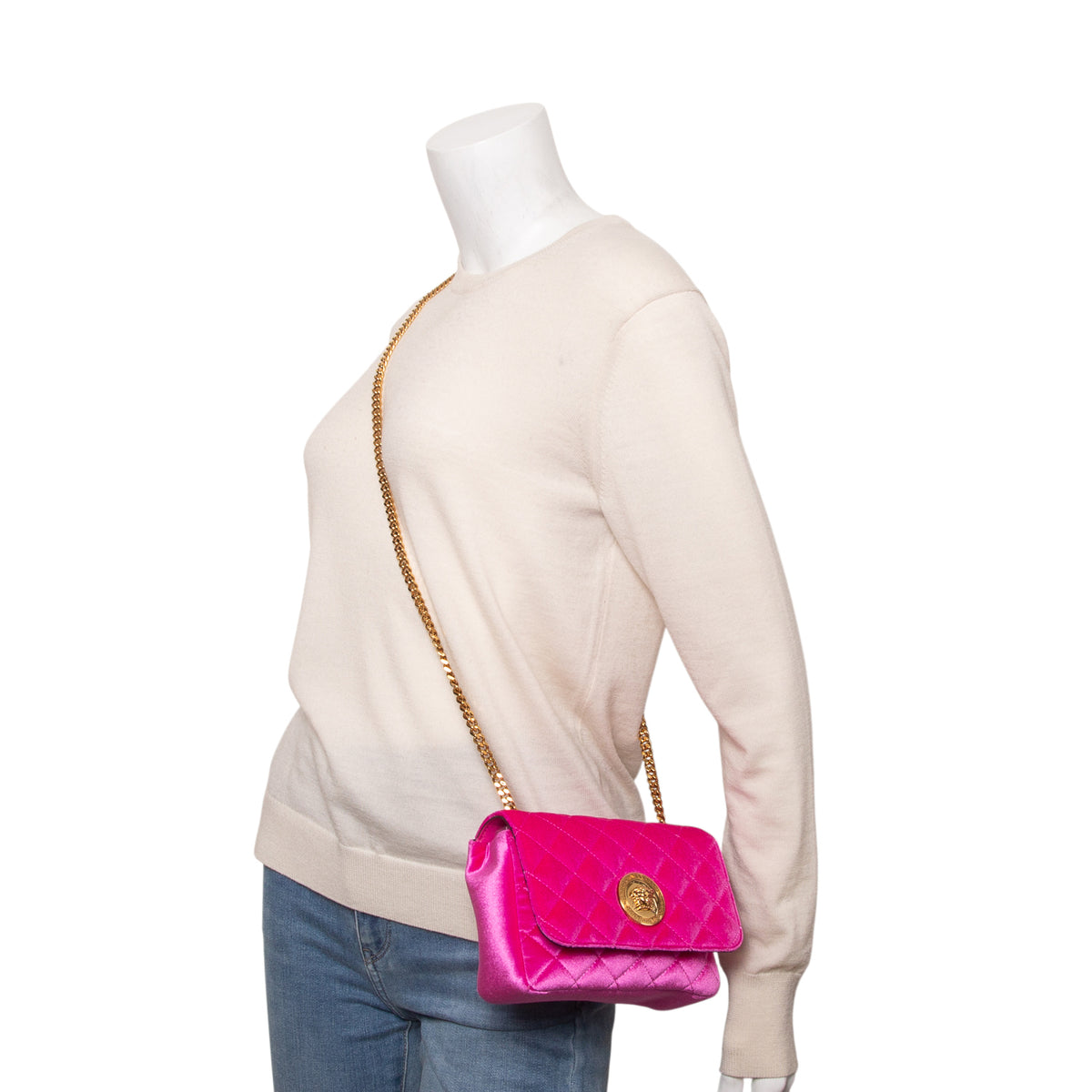 Versace Pink Velvet Quilted La Medusa Shoulder Bag
