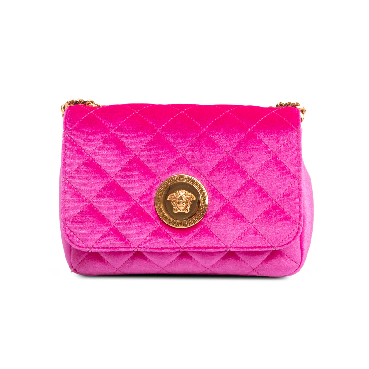 Versace Pink Velvet Quilted La Medusa Shoulder Bag