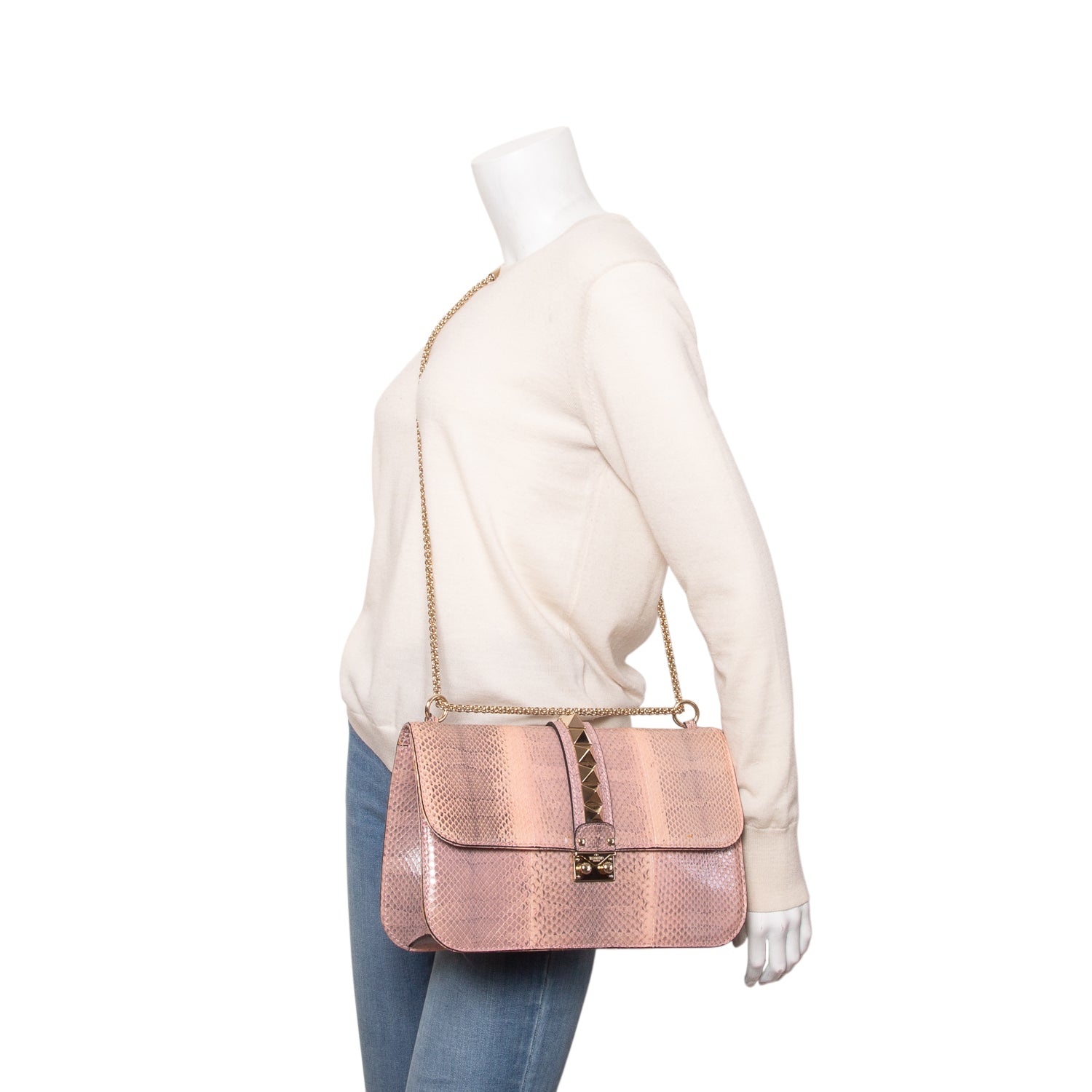 Valentino Pink Python Rockstud Medium Glam Lock Flap Bag