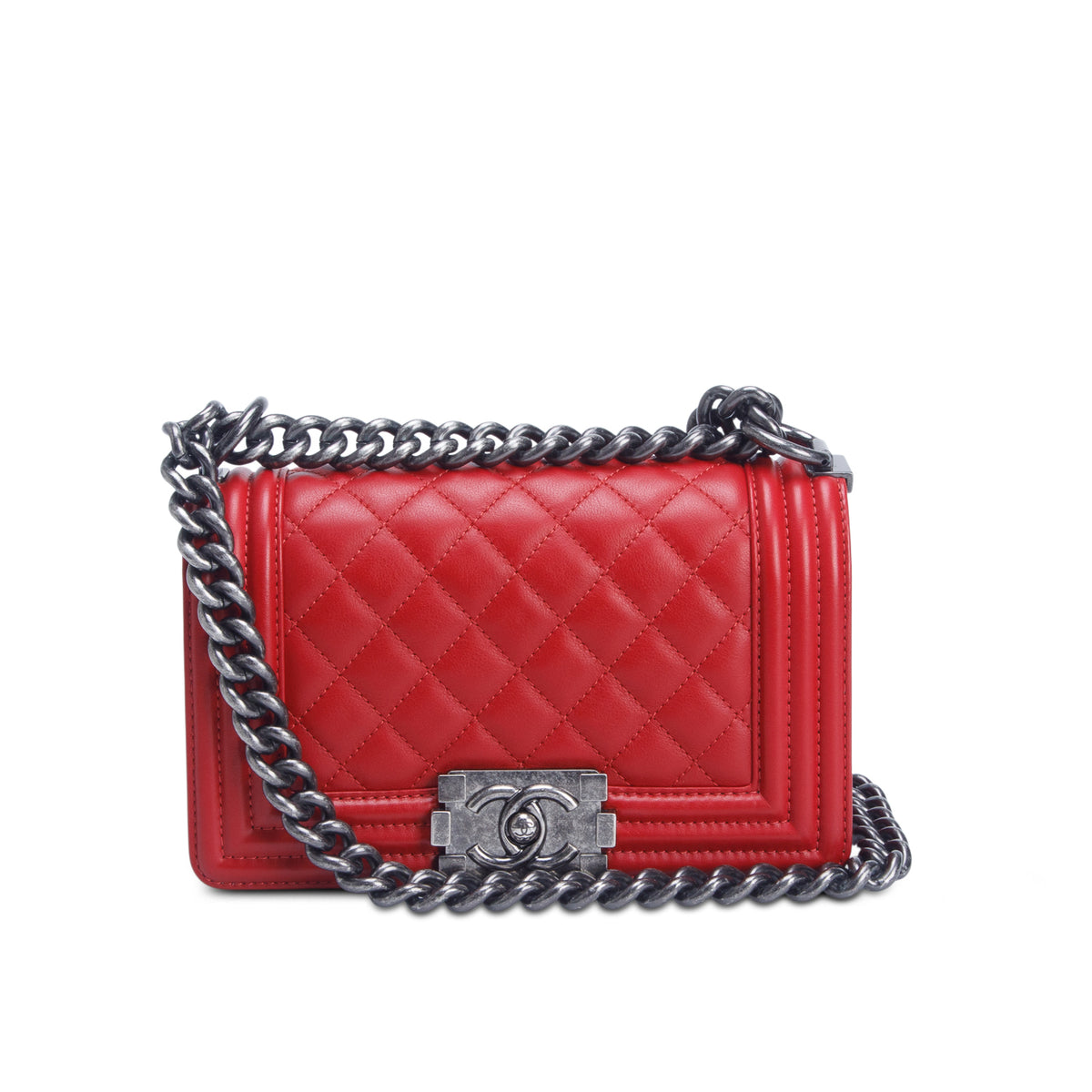 Chanel Red Calfskin Quilted Small Boy Bag w/ Authenticity Card