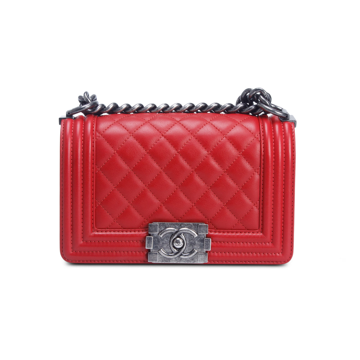 Chanel Red Calfskin Quilted Small Boy Bag w/ Authenticity Card