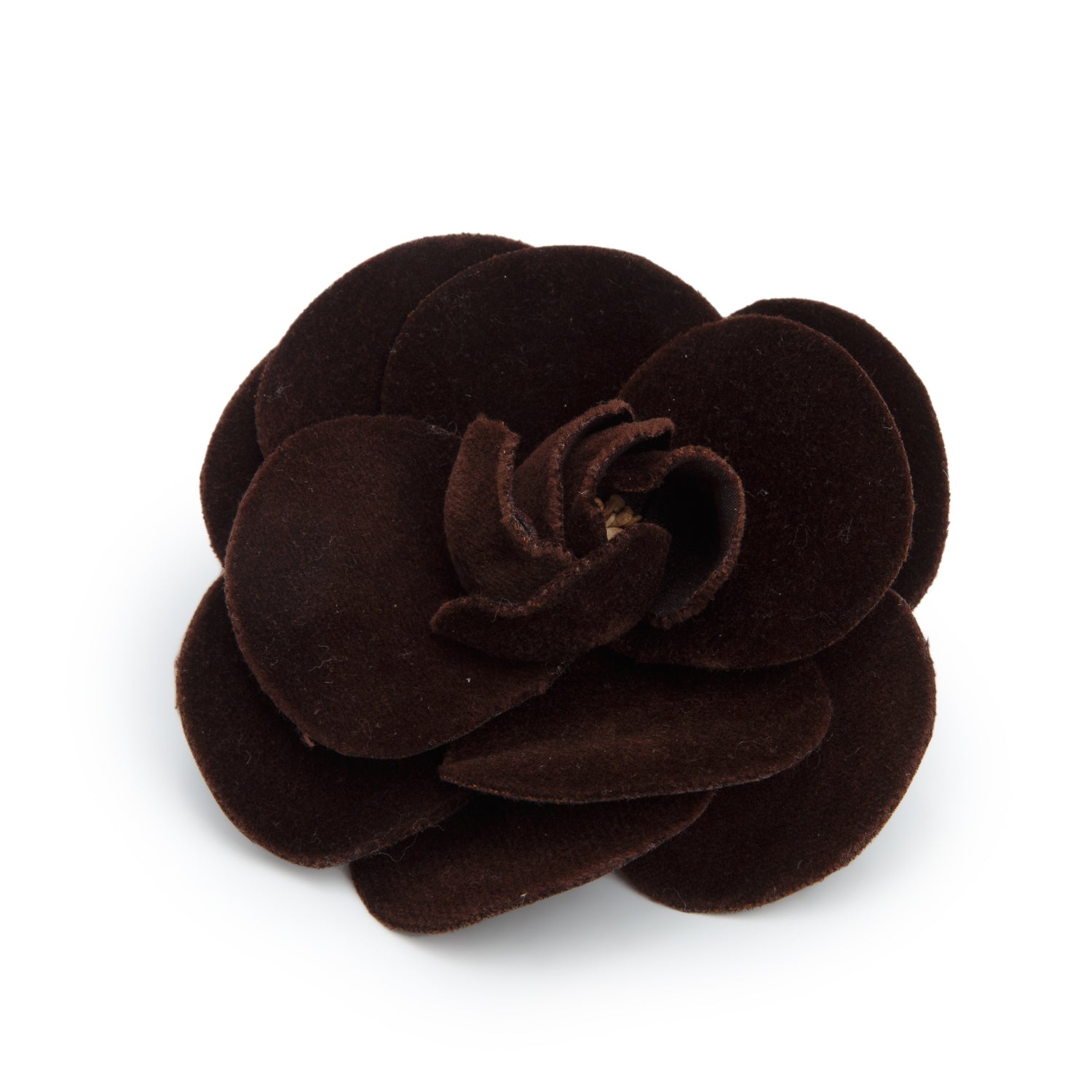 Chanel Vintage Brown Velvet Camellia Pin Brooch w/ Box
