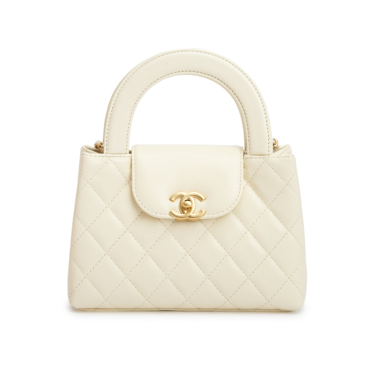 Chanel Cream Shiny Aged Calfskin Quilted Nano Kelly Shopper