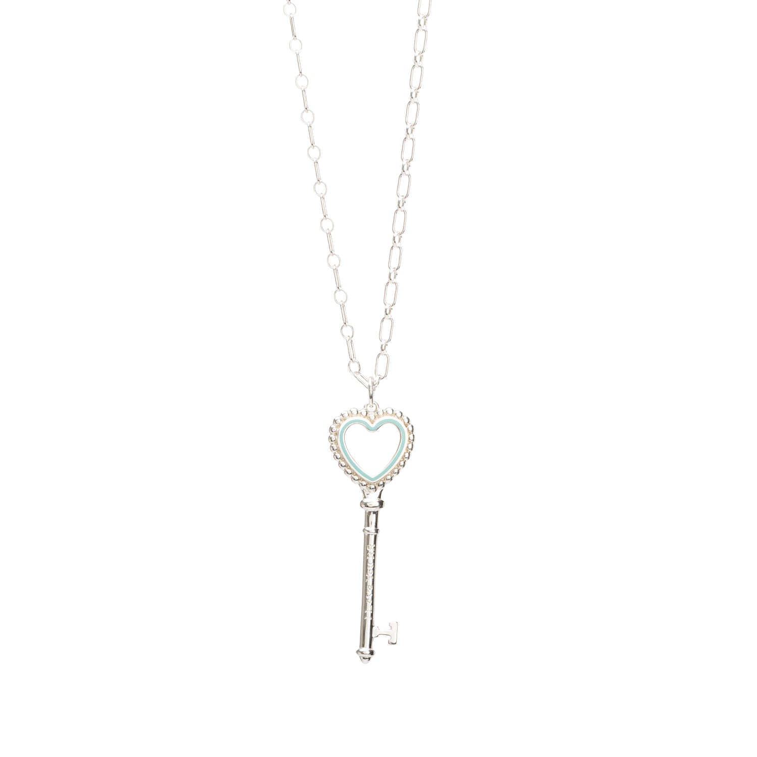 Tiffany & Co. Sterling Silver Blue Enamel Beaded Large Heart Key Pendant Necklace