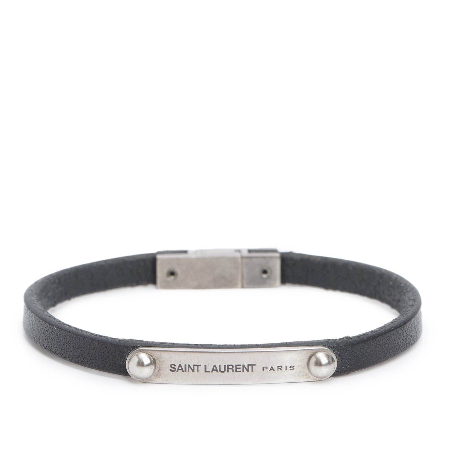 Saint Laurent Logo-Plaque Black Leather Bracelet