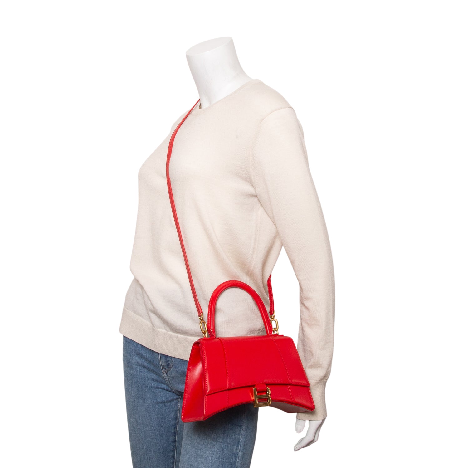 Balenciaga Red Shiny Box Calfskin Leather Small Hourglass Top Handle Bag w/ Strap