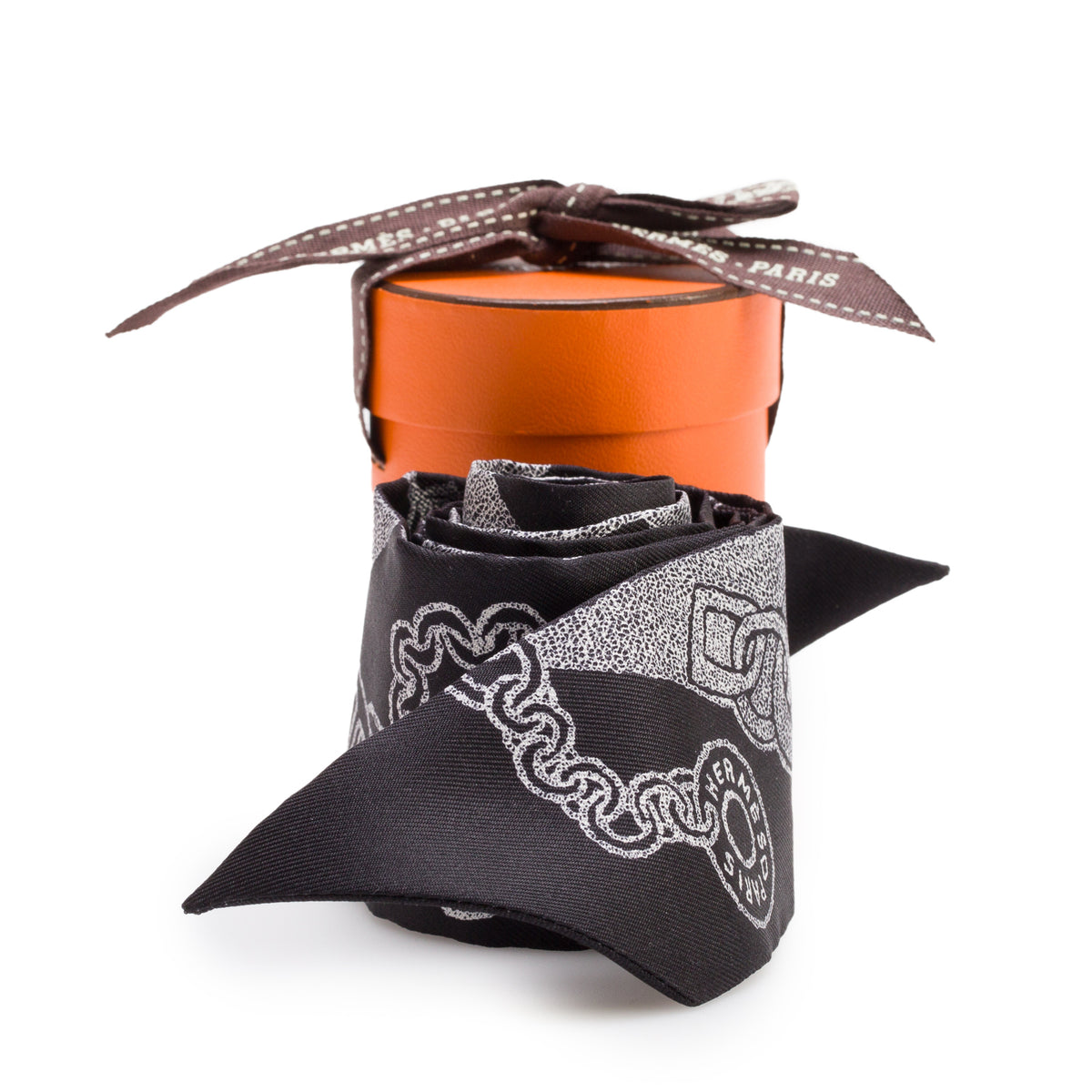 Hermes Black & White 'Boucles et Maillons' Silk Twilly w/ Box