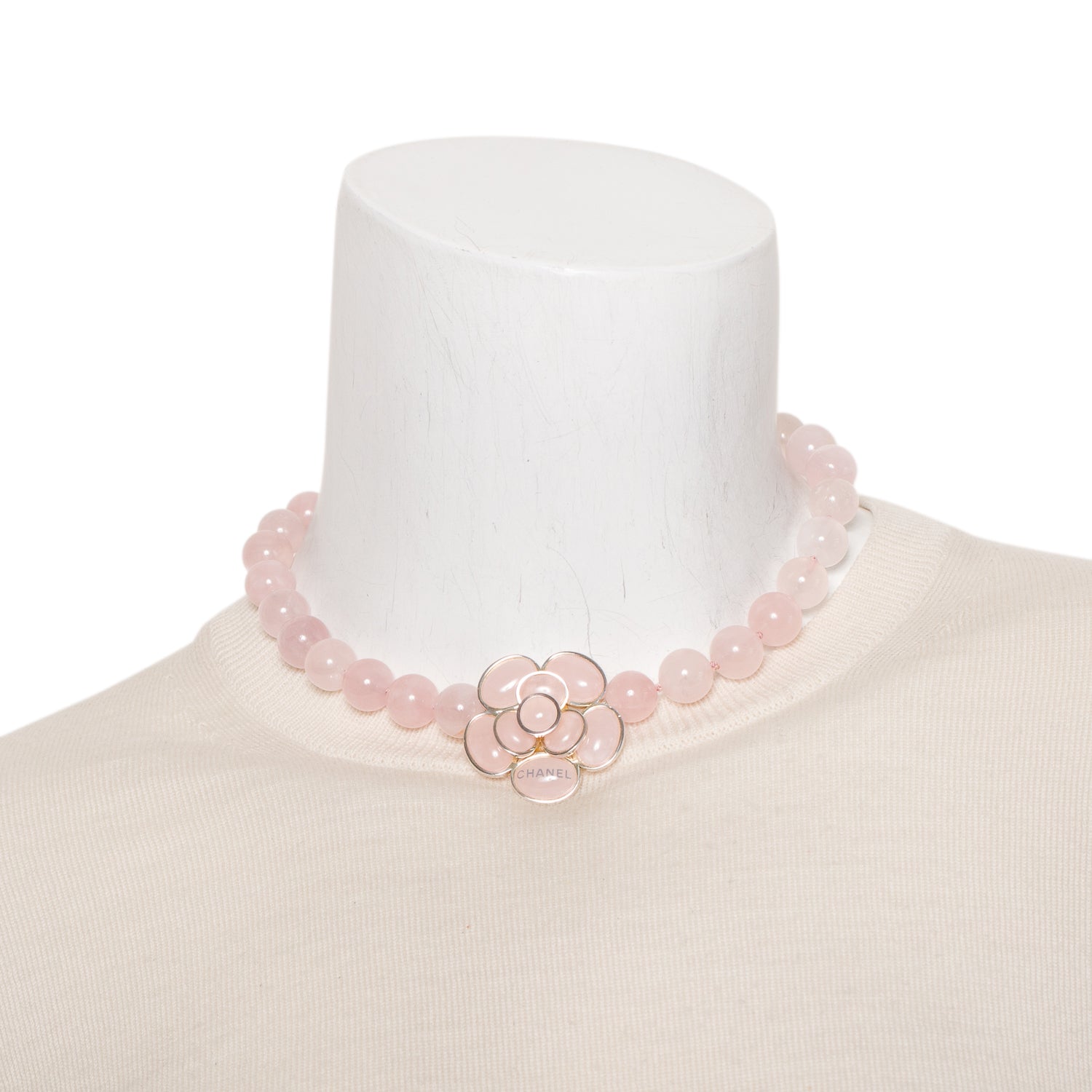 Chanel Palladium Plated Rose Quartz Bead Camellia Flower Choker Necklace