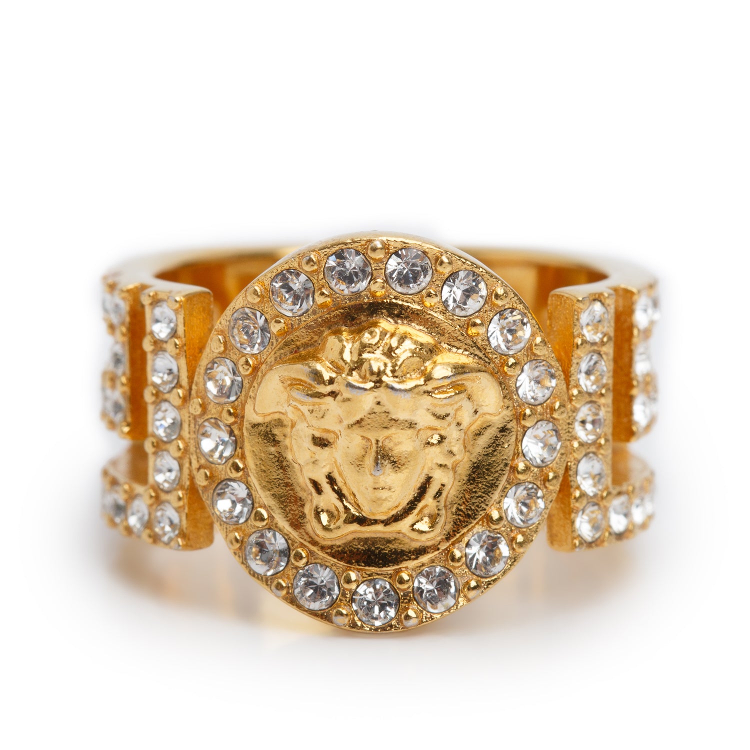 Versace Gold-Plated Crystal Medusa Ring, Size 7