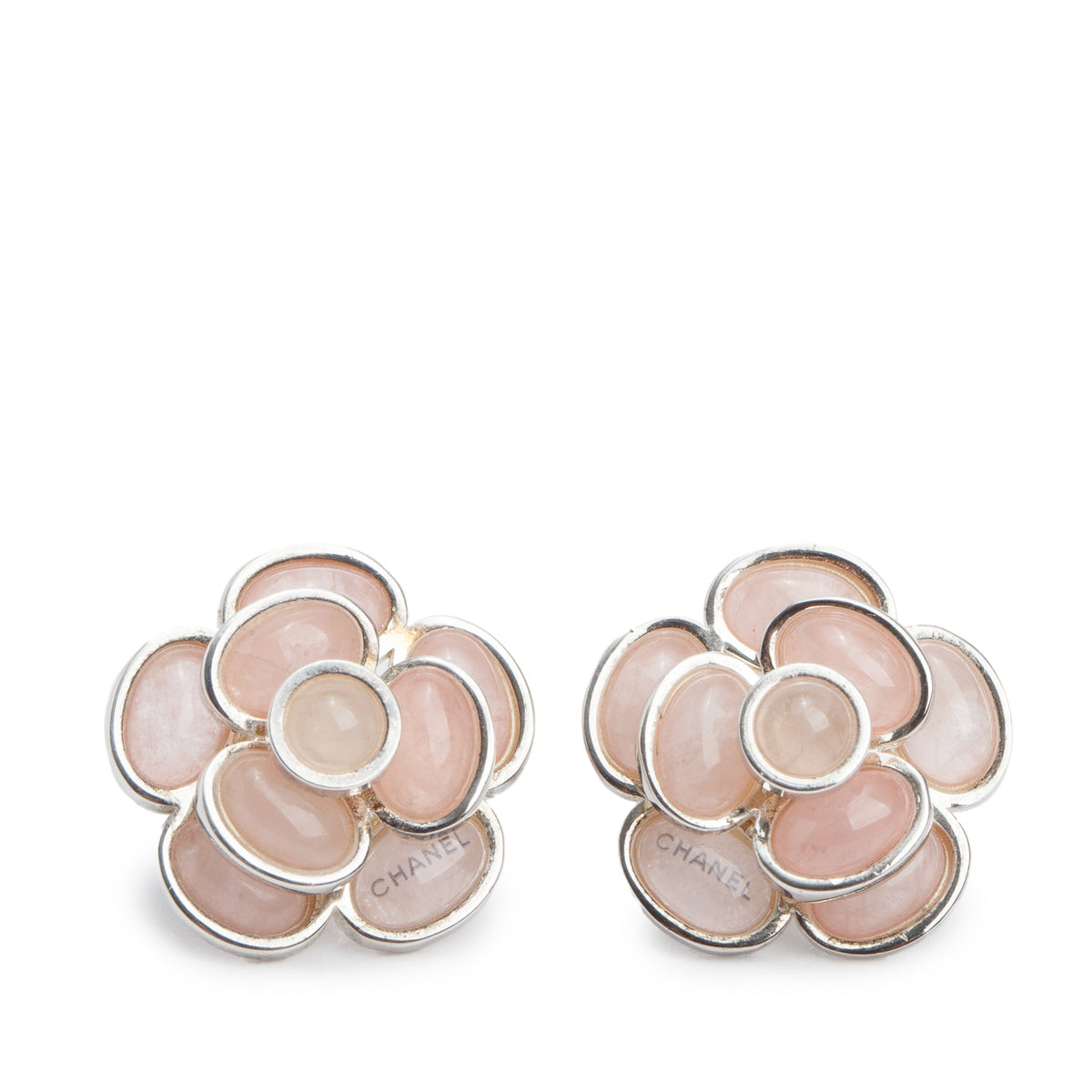 Chanel Palladium Plated Rose Quartz Camellia Flower Earrings