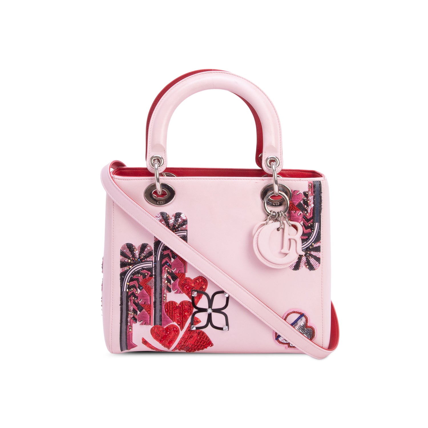 Christian Dior Pink Calfskin Patch Embellished Medium Lady Dior w/ Strap