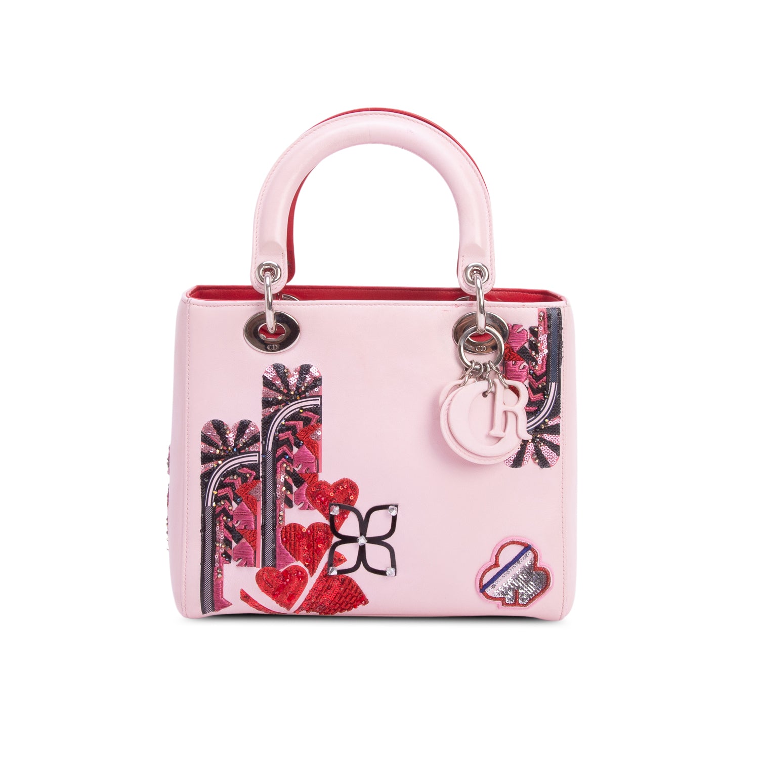 Christian Dior Pink Calfskin Patch Embellished Medium Lady Dior w/ Strap