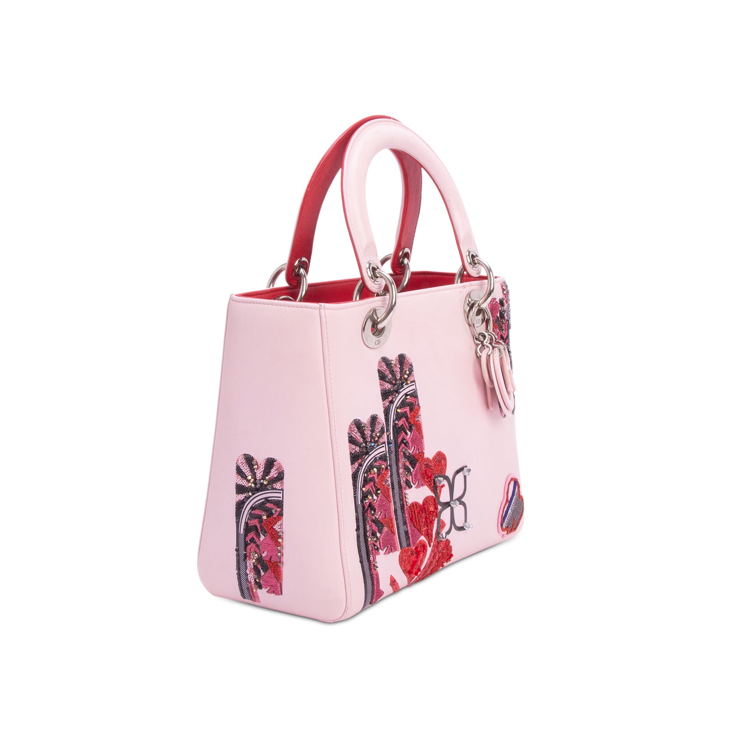 Christian Dior Pink Calfskin Patch Embellished Medium Lady Dior w/ Strap