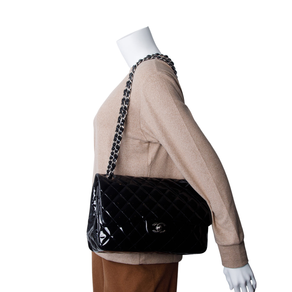 Chanel Black Quilted Patent Leather Classic Jumbo Double Flap Bag