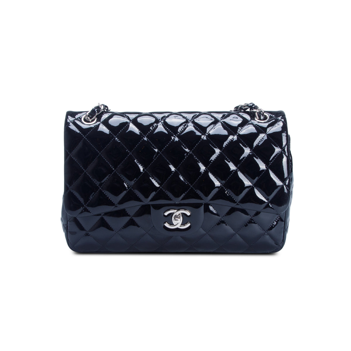 Chanel Black Quilted Patent Leather Classic Jumbo Double Flap Bag