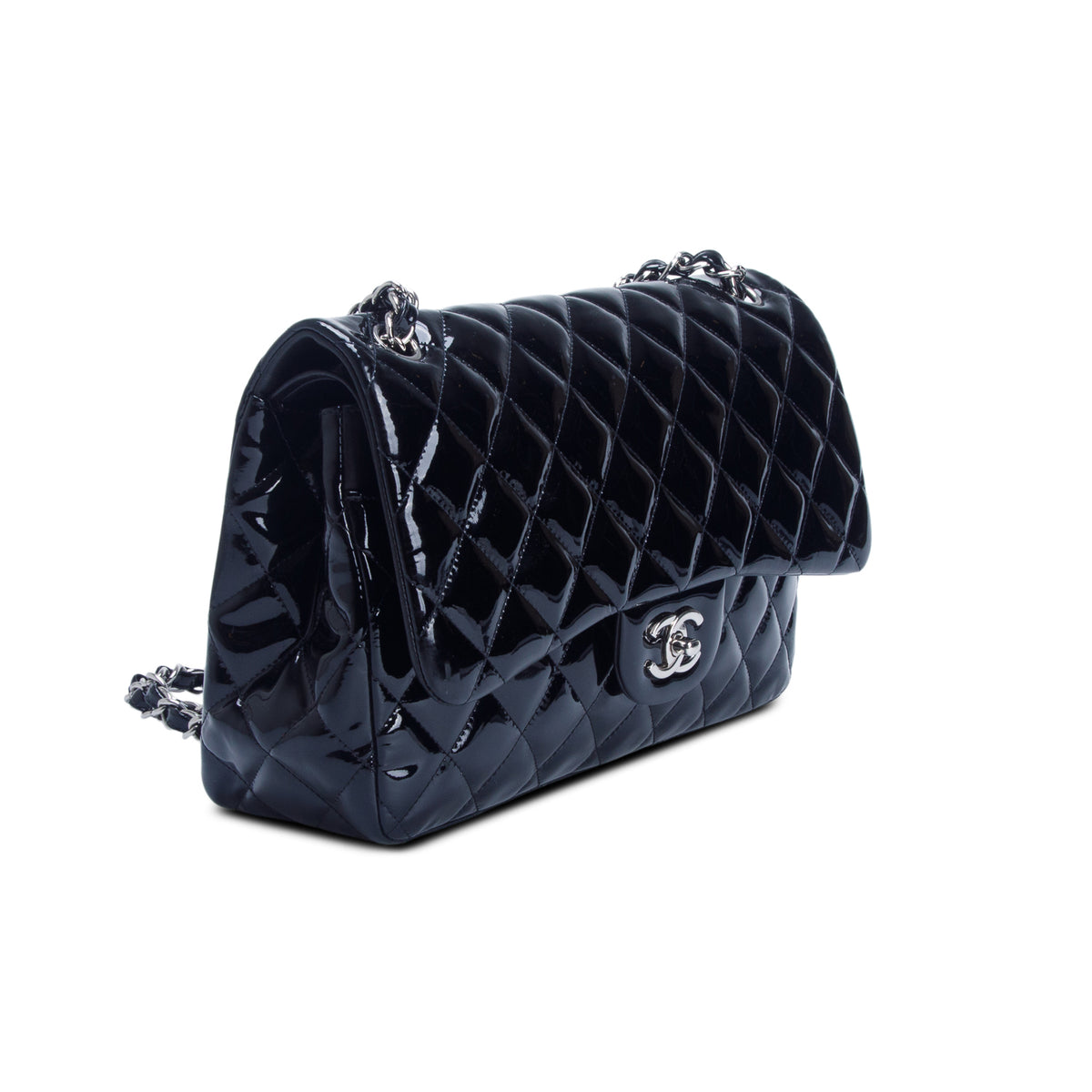 Chanel Black Quilted Patent Leather Classic Jumbo Double Flap Bag