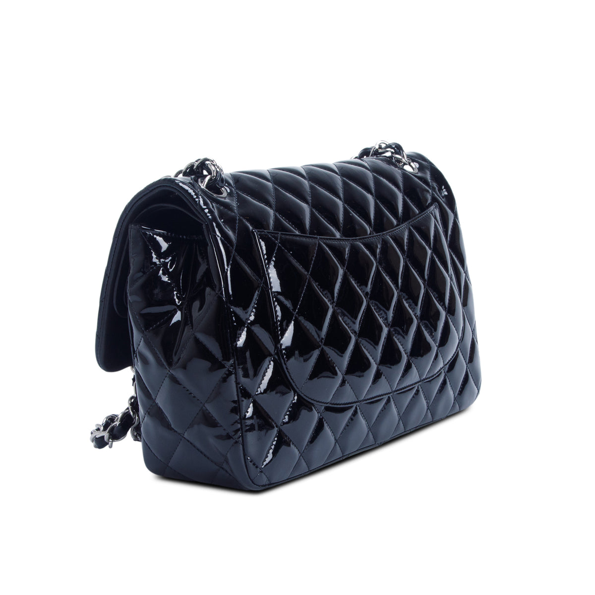 Chanel Black Quilted Patent Leather Classic Jumbo Double Flap Bag