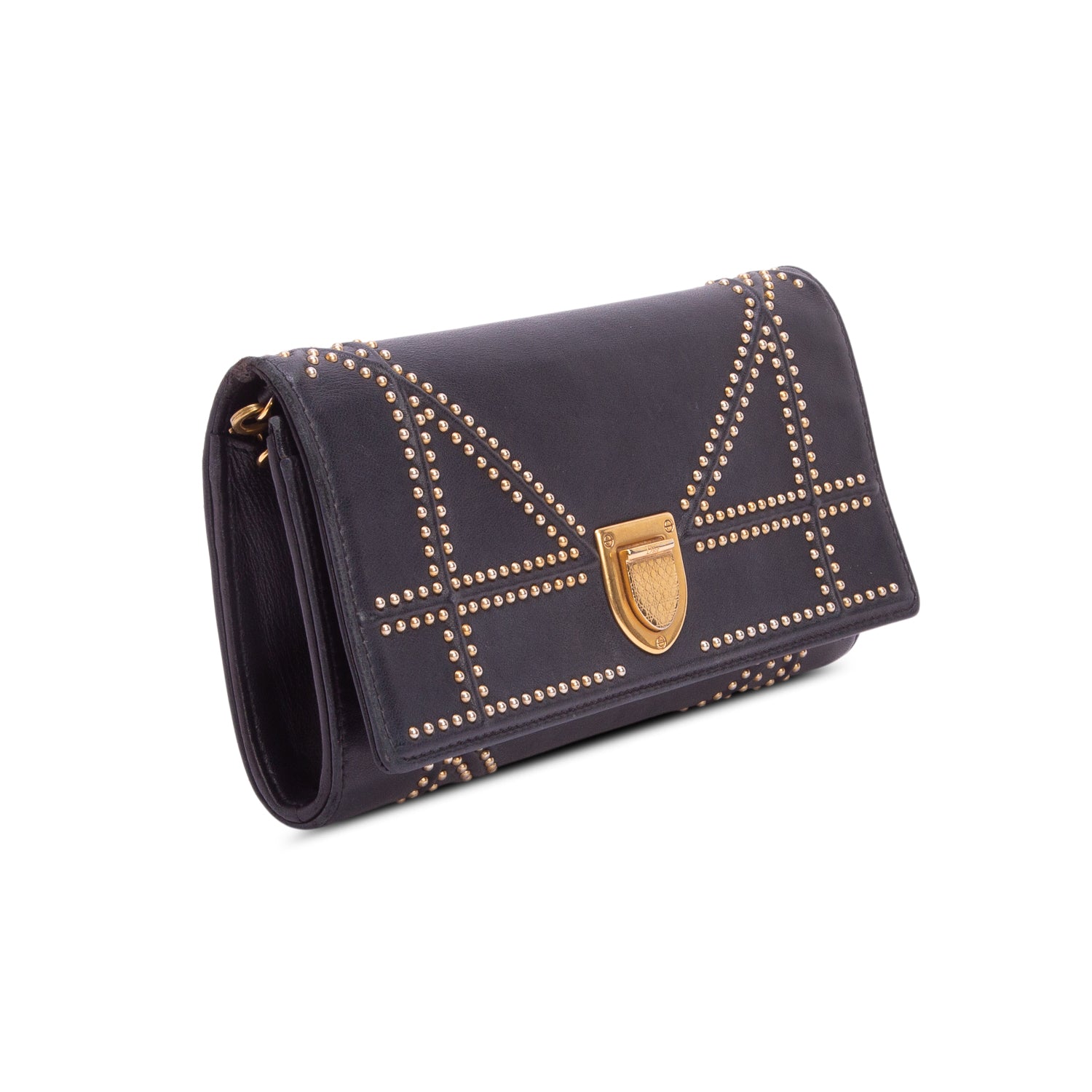 Christian Dior Black Calfskin Studded Diorama Wallet on Chain