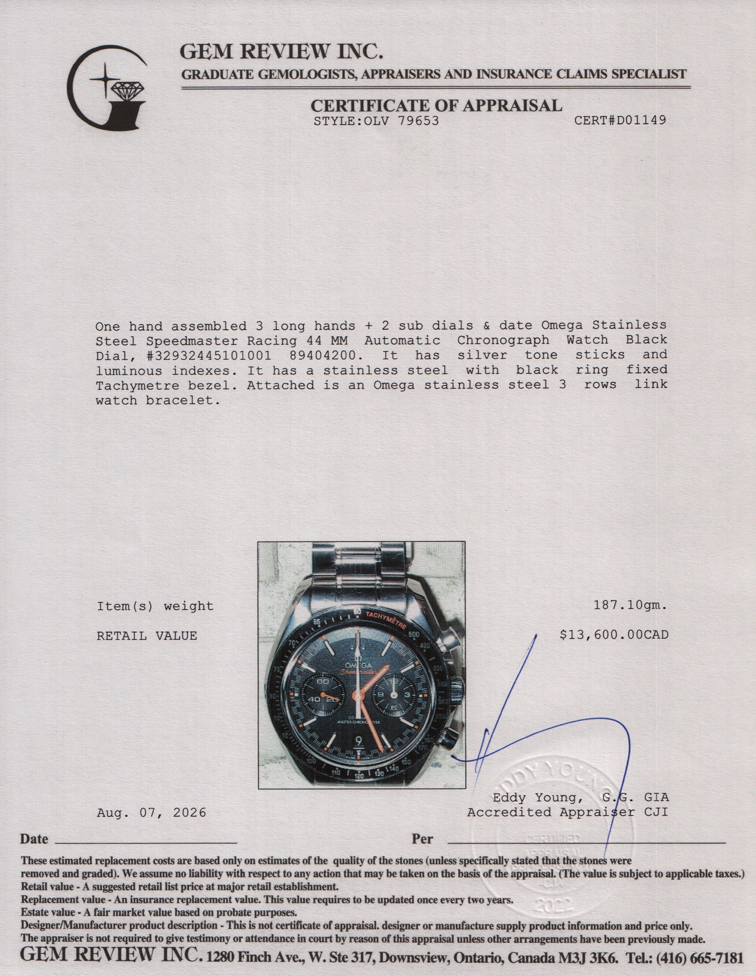 Omega Stainless Steel Speedmaster Racing 44 MM Automatic Chronograph Watch Black Dial w/ Box, Papers & Extra Strap