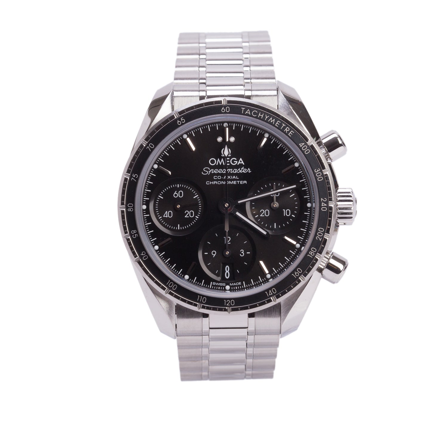 Omega 2026 Stainless Steel Speedmaster Co-Axial Chronometer 38 MM Automatic Chronograph Watch Black Dial w/ Box & Papers