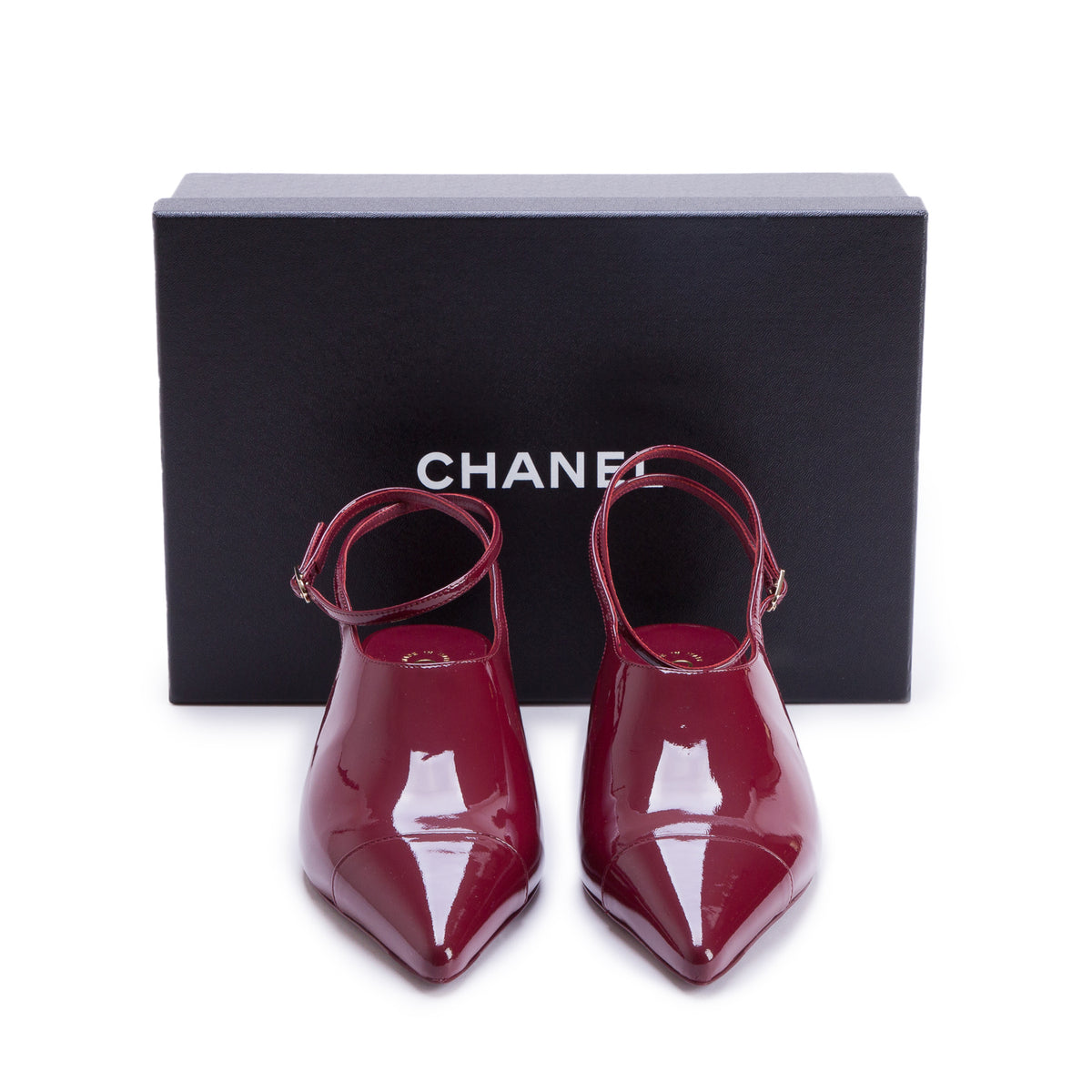 Chanel Burgundy Patent Leather Slingback Heels, Women's Size 38.5 w/ Box