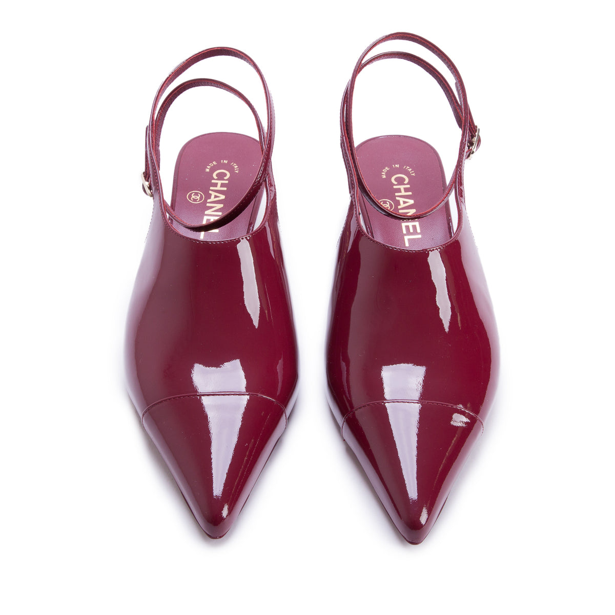 Chanel Burgundy Patent Leather Slingback Heels, Women's Size 38.5 w/ Box