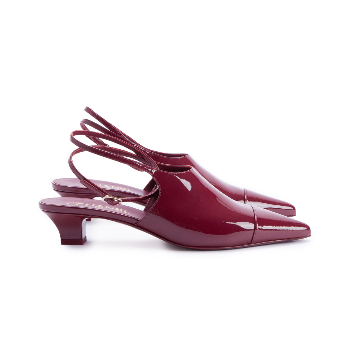 Chanel Burgundy Patent Leather Slingback Heels, Women's Size 38.5 w/ Box