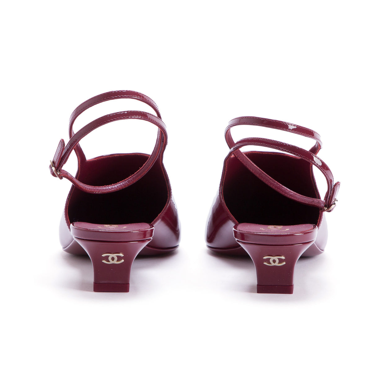 Chanel Burgundy Patent Leather Slingback Heels, Women's Size 38.5 w/ Box