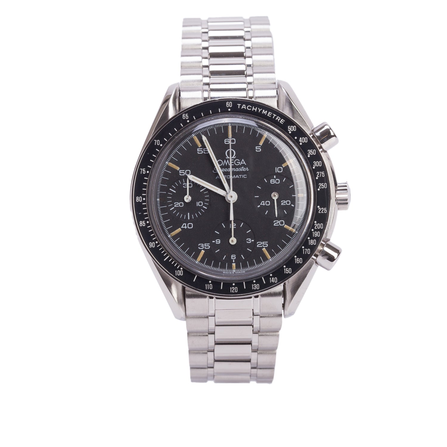 Omega Stainless Steel Speedmaster Reduced 39 MM Automatic Chronograph Watch Black Dial