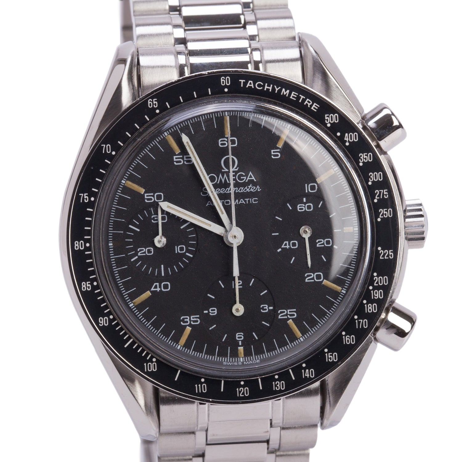 Omega Stainless Steel Speedmaster Reduced 39 MM Automatic Chronograph Watch Black Dial