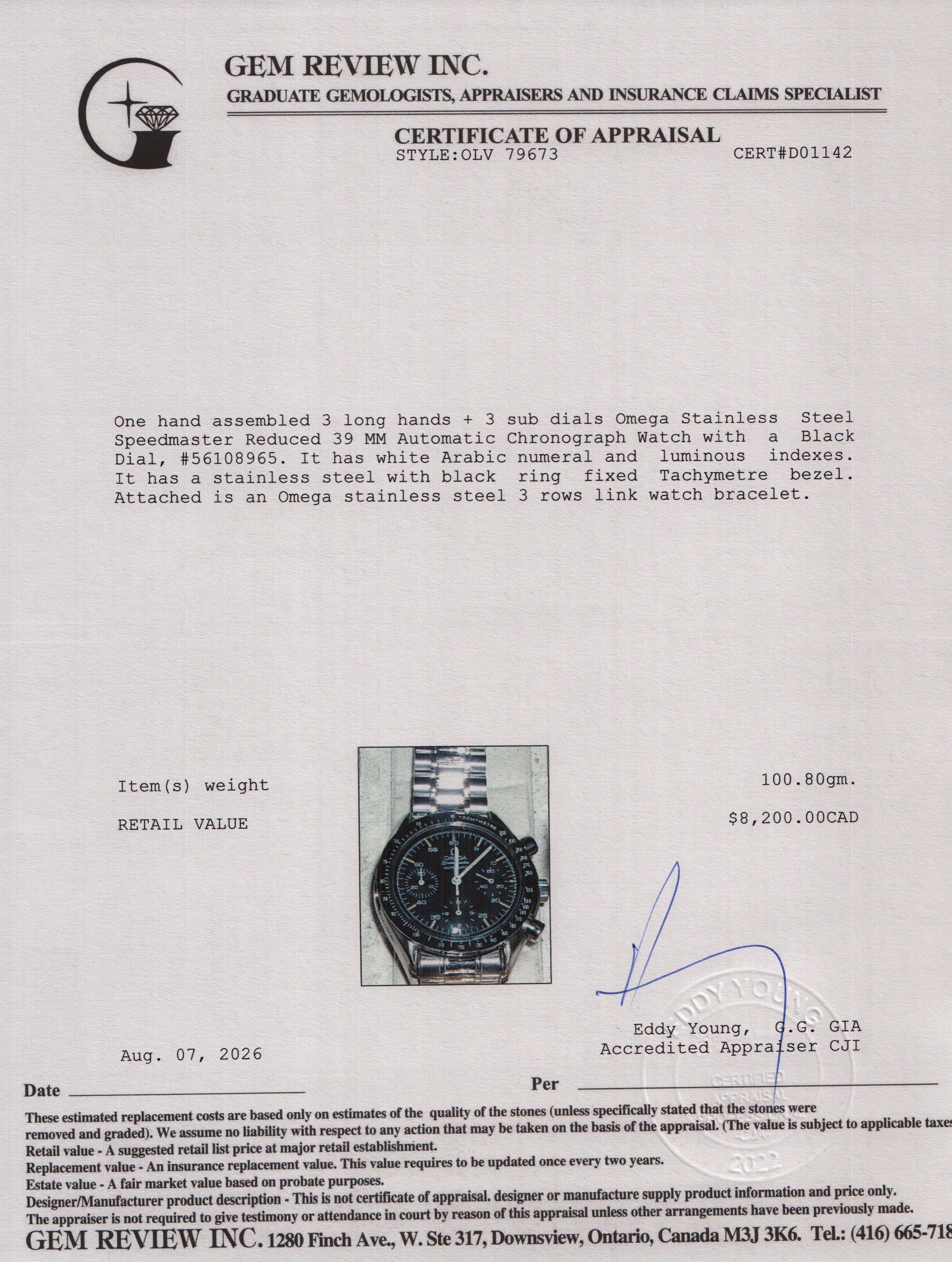 Omega Stainless Steel Speedmaster Reduced 39 MM Automatic Chronograph Watch Black Dial