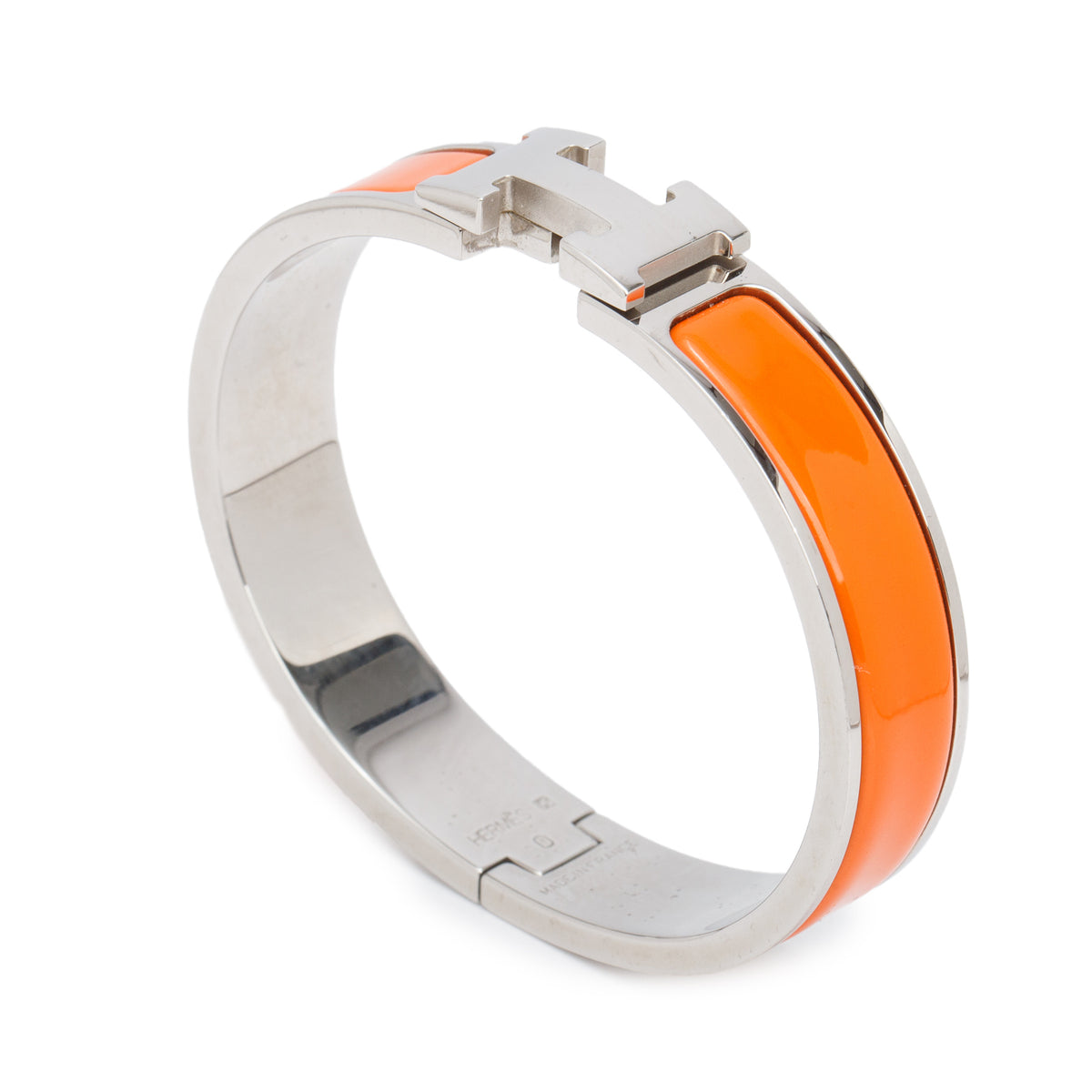 Hermes Palladium Plated Orange Enamel 12 MM Clic H Bracelet w/ Box