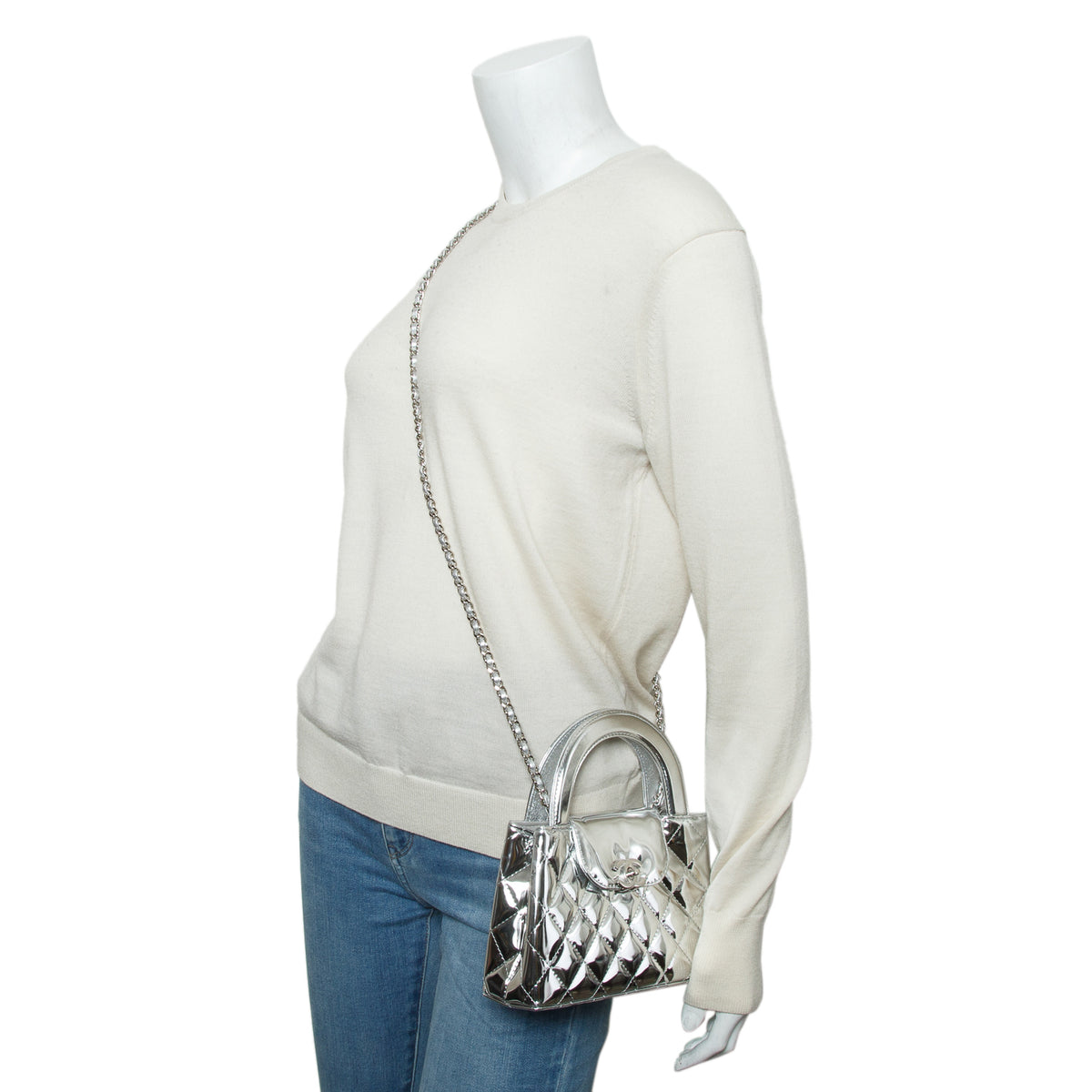 Chanel Silver Mirror Calfskin Metallic Calfskin Quilted Nano Kelly Shopper w/ Box